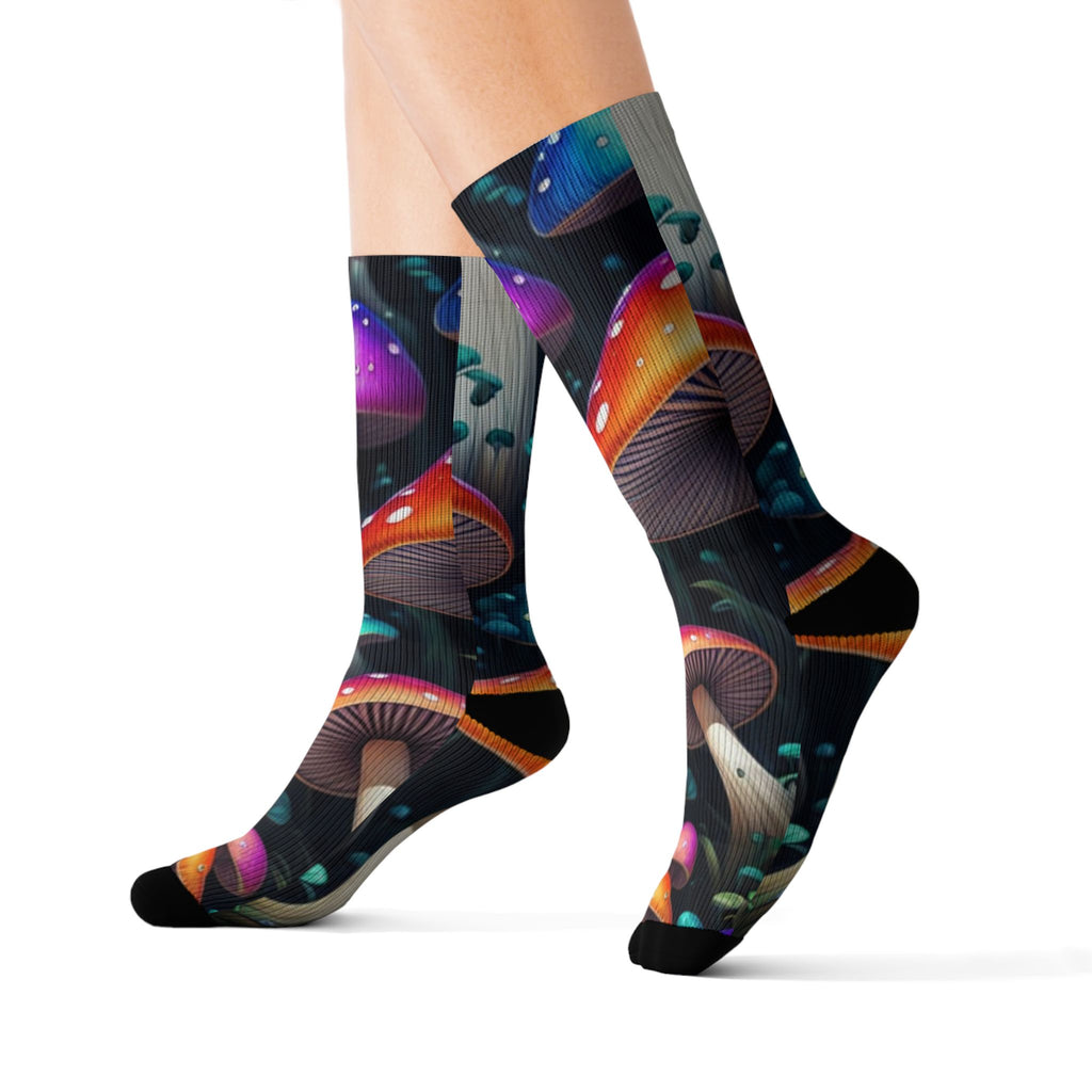 Socks: Psychedelic Mushroom Sublimation Socks — Colorful Fantasy Crew Socks