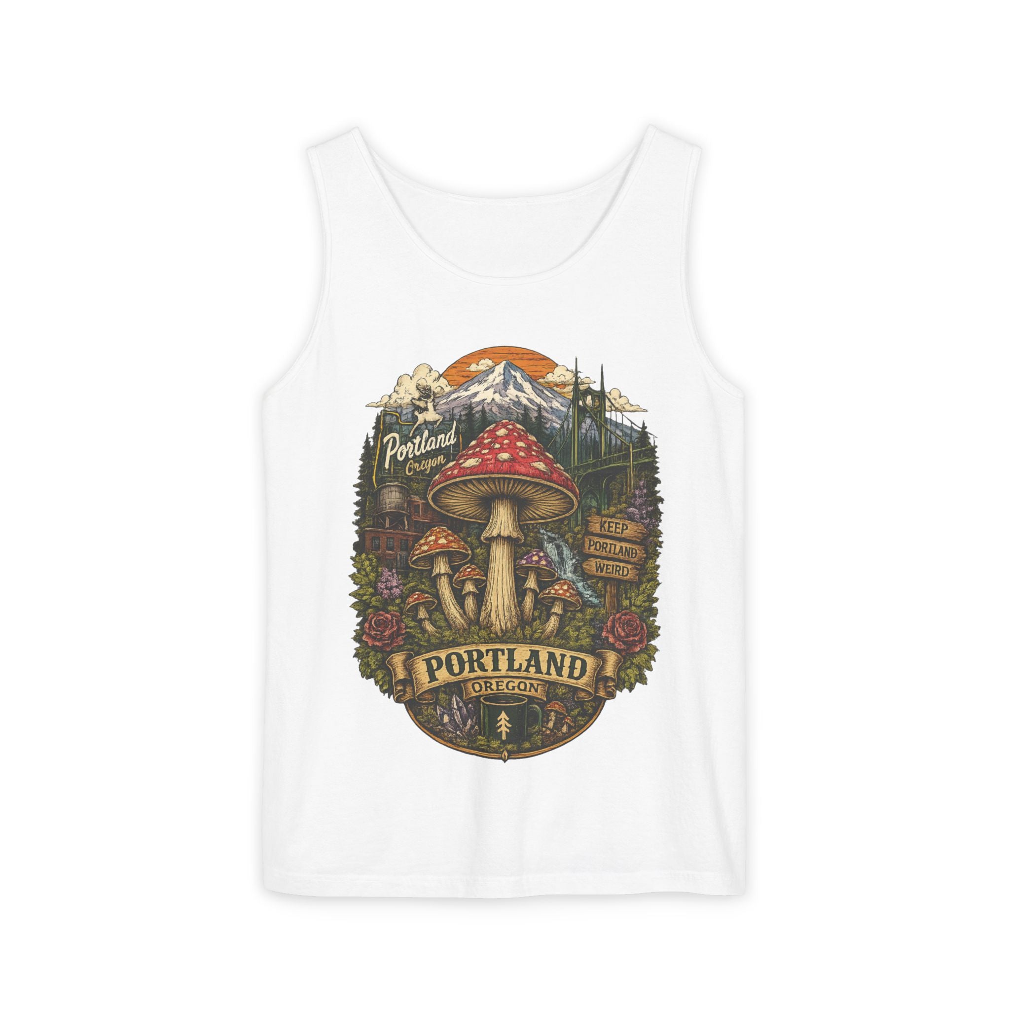 City: Portland Mushroom Tank Top — Vintage Forest Travel Graphic