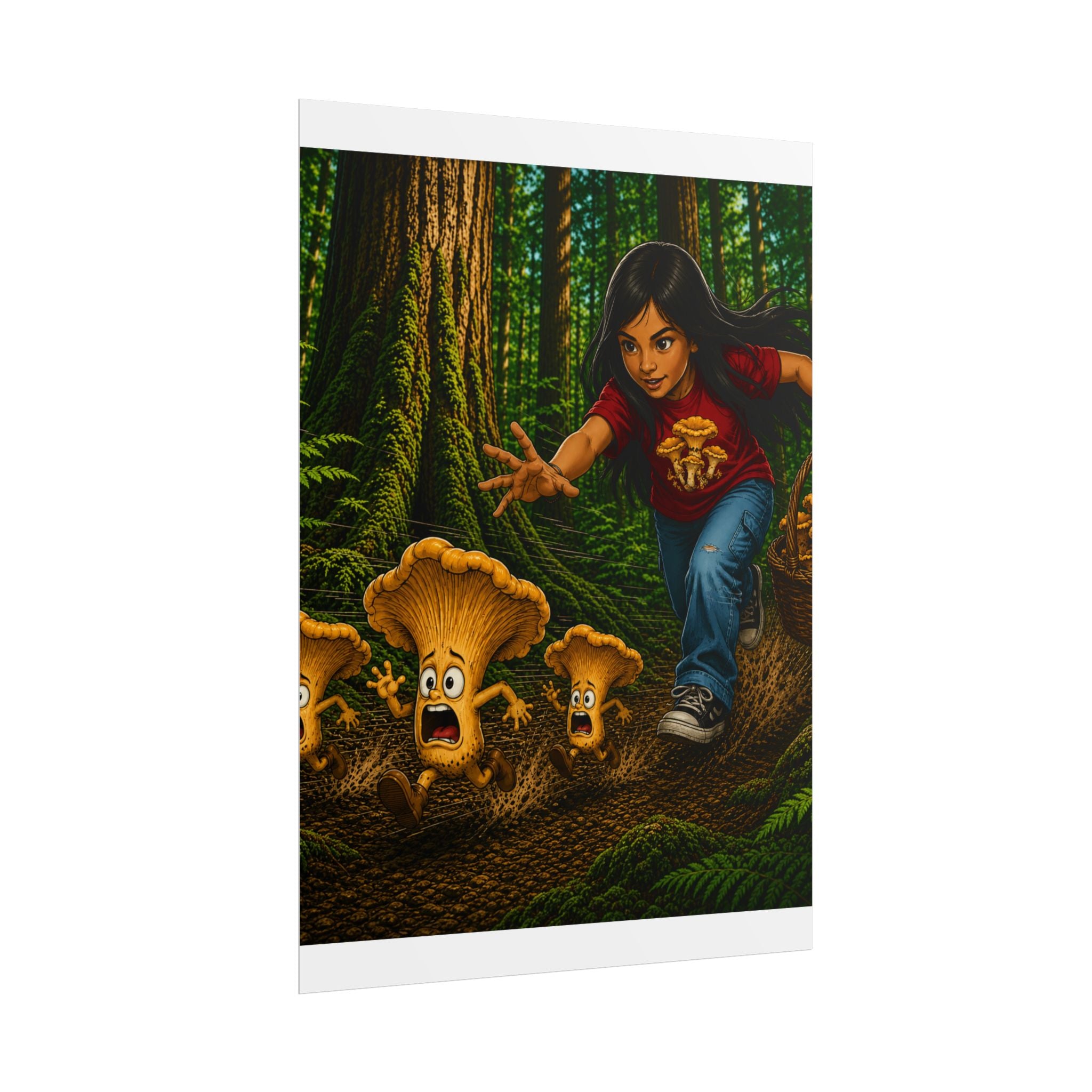 Rolled Poster: Girl Chasing Animated Mushrooms Forest Art Print