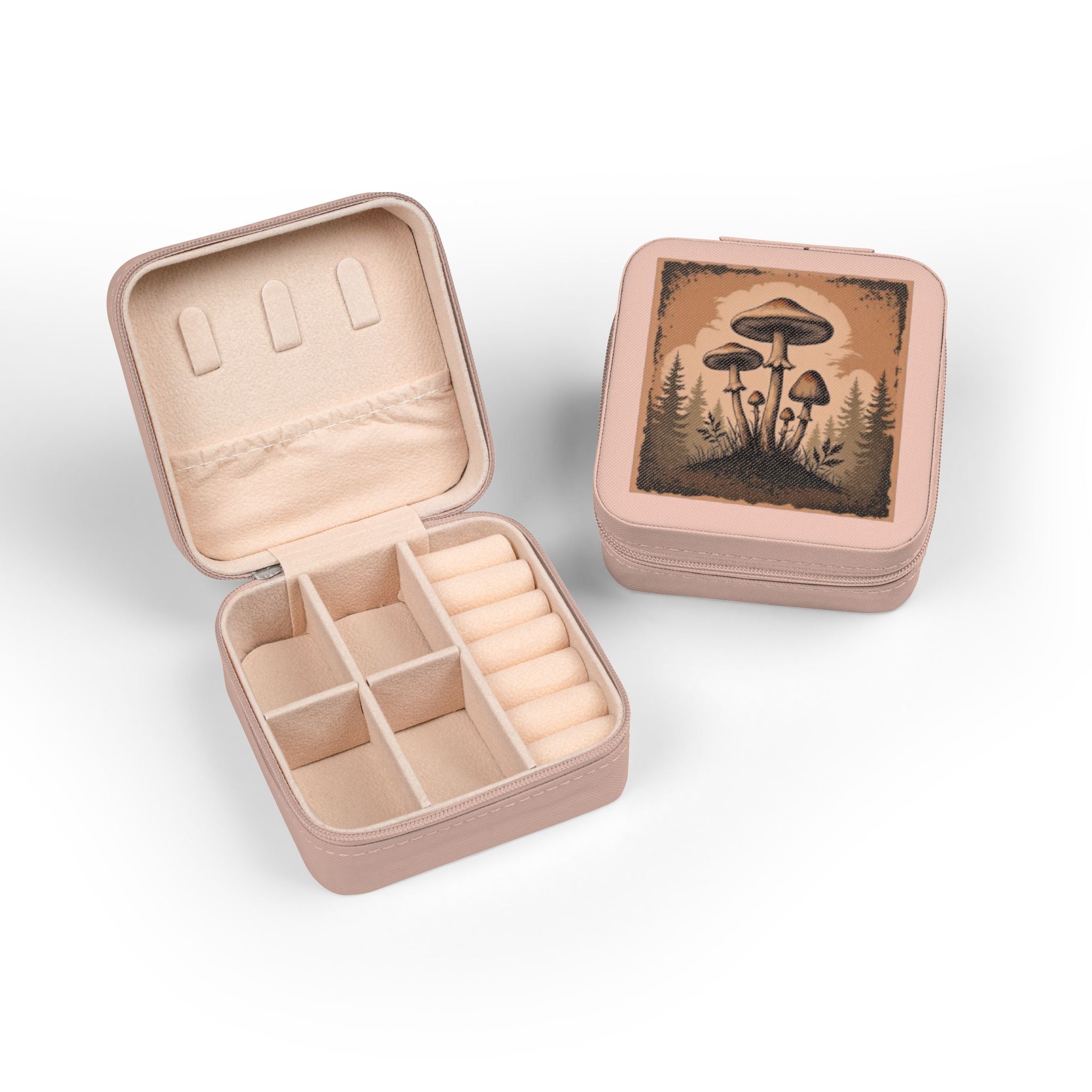 Mushroom Forest Jewelry Travel Case — Compact Velvet-Lined Organizer