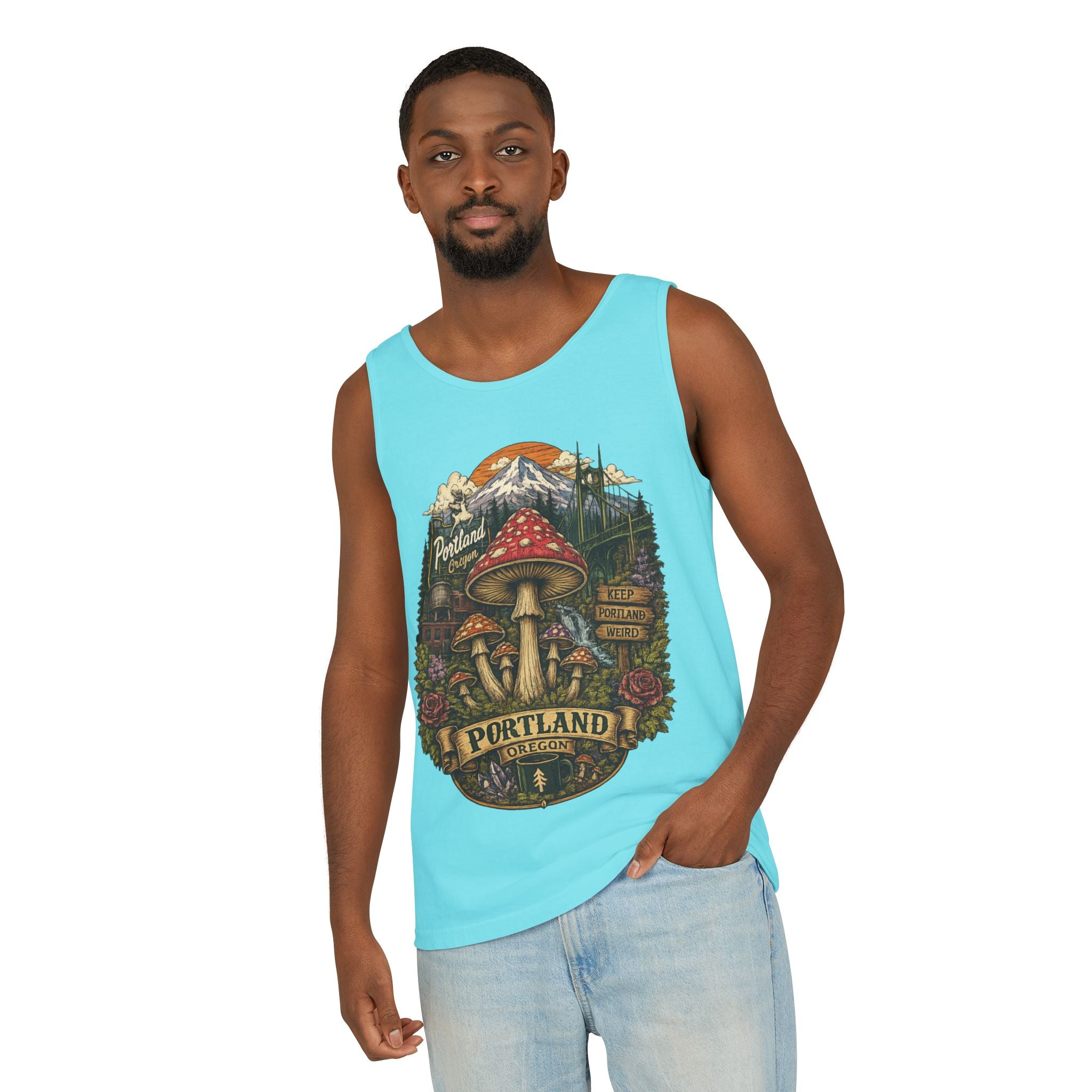 City: Portland Mushroom Tank Top — Vintage Forest Travel Graphic