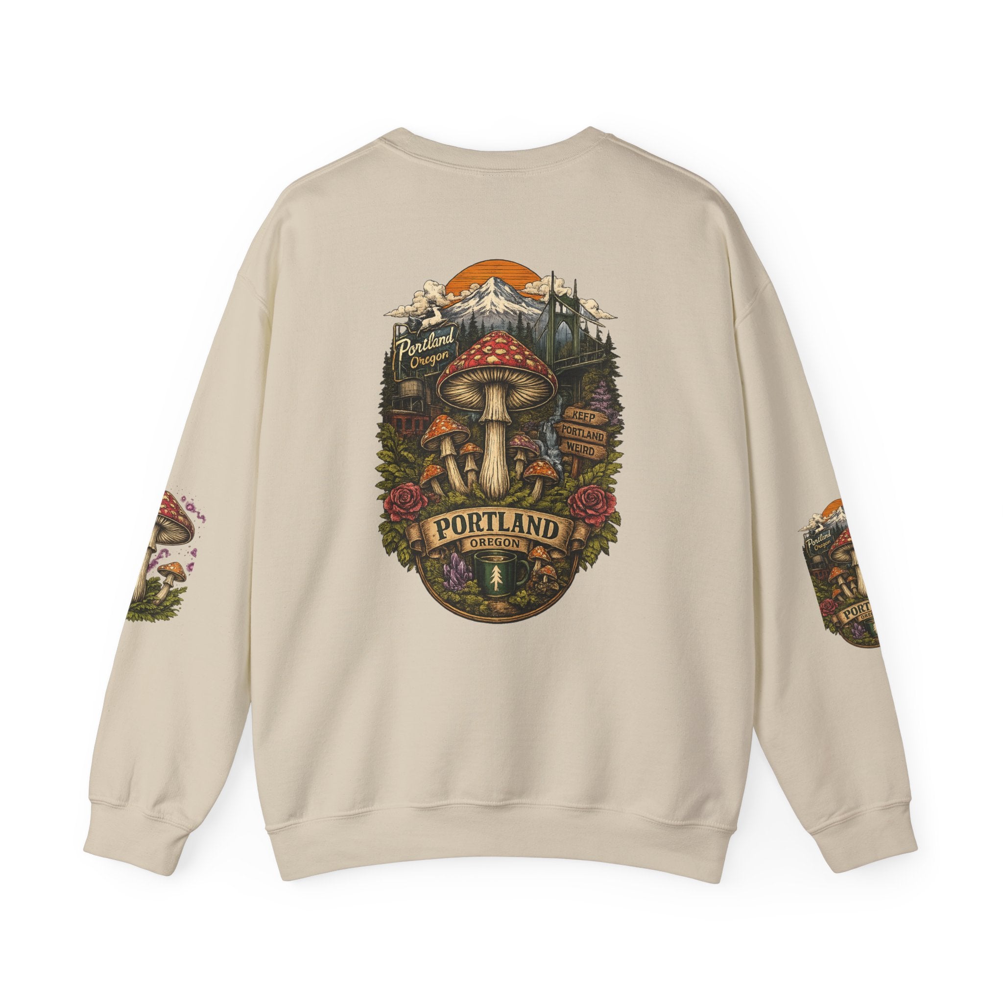 City: Portland Mushroom Crewneck Sweatshirt Vintage Psychedelic Fungi Graphic