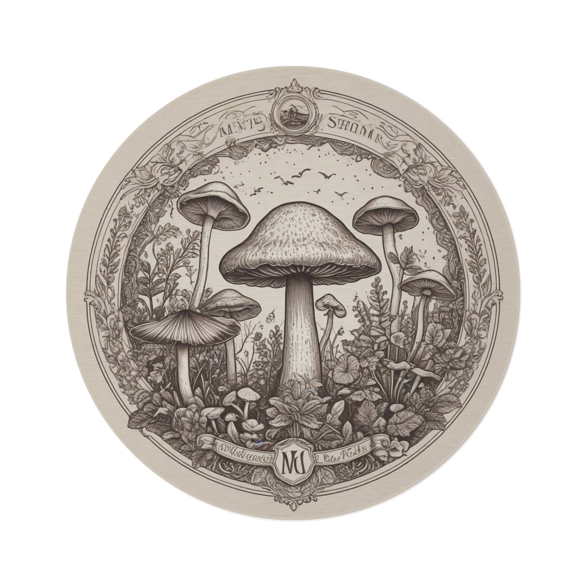Bohemian Mushroom Round Rug – Vintage Botanical Fungi Illustration