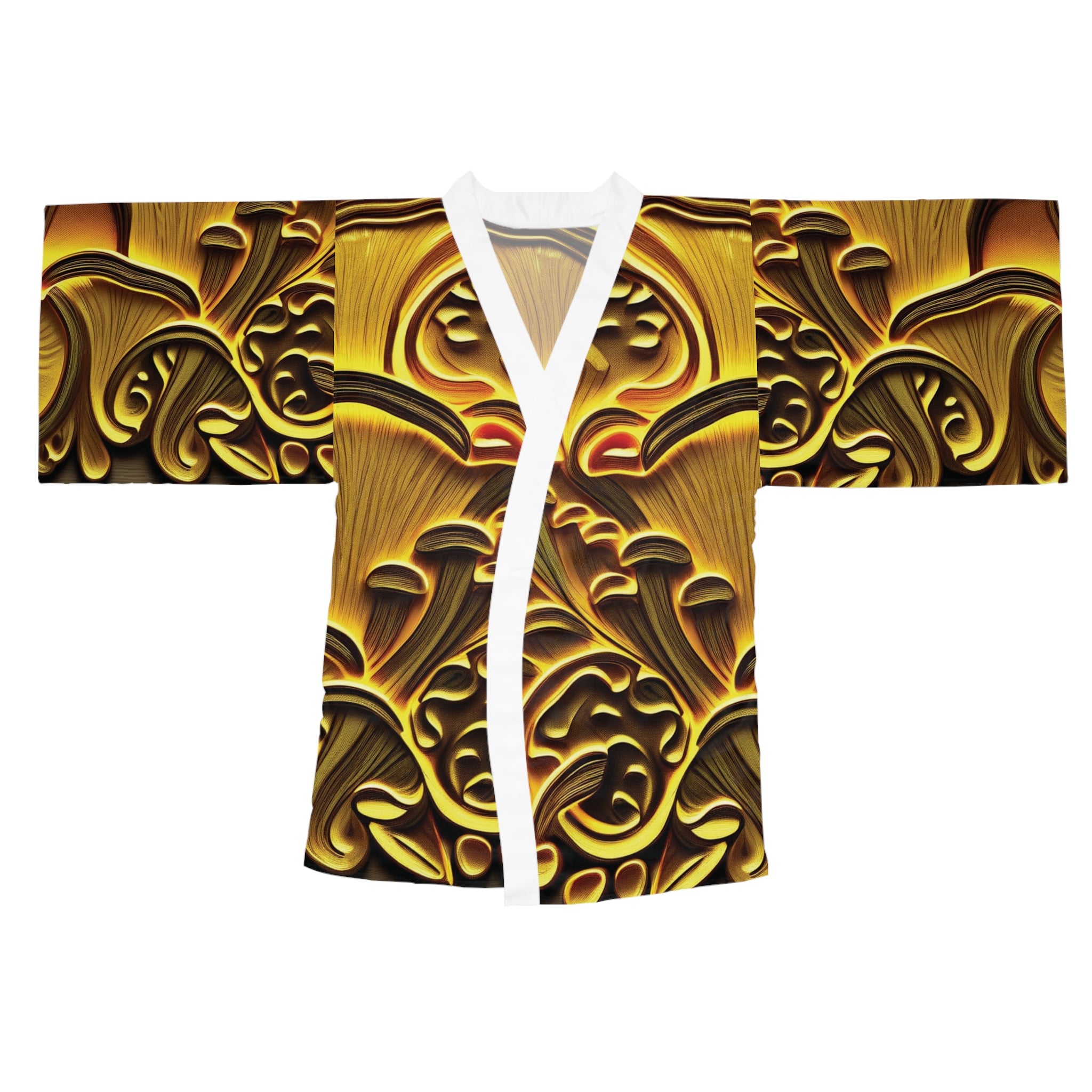 Kimono Robe: Gold Floral Kimono Robe — Decorative All-Over Print Long Sleeve