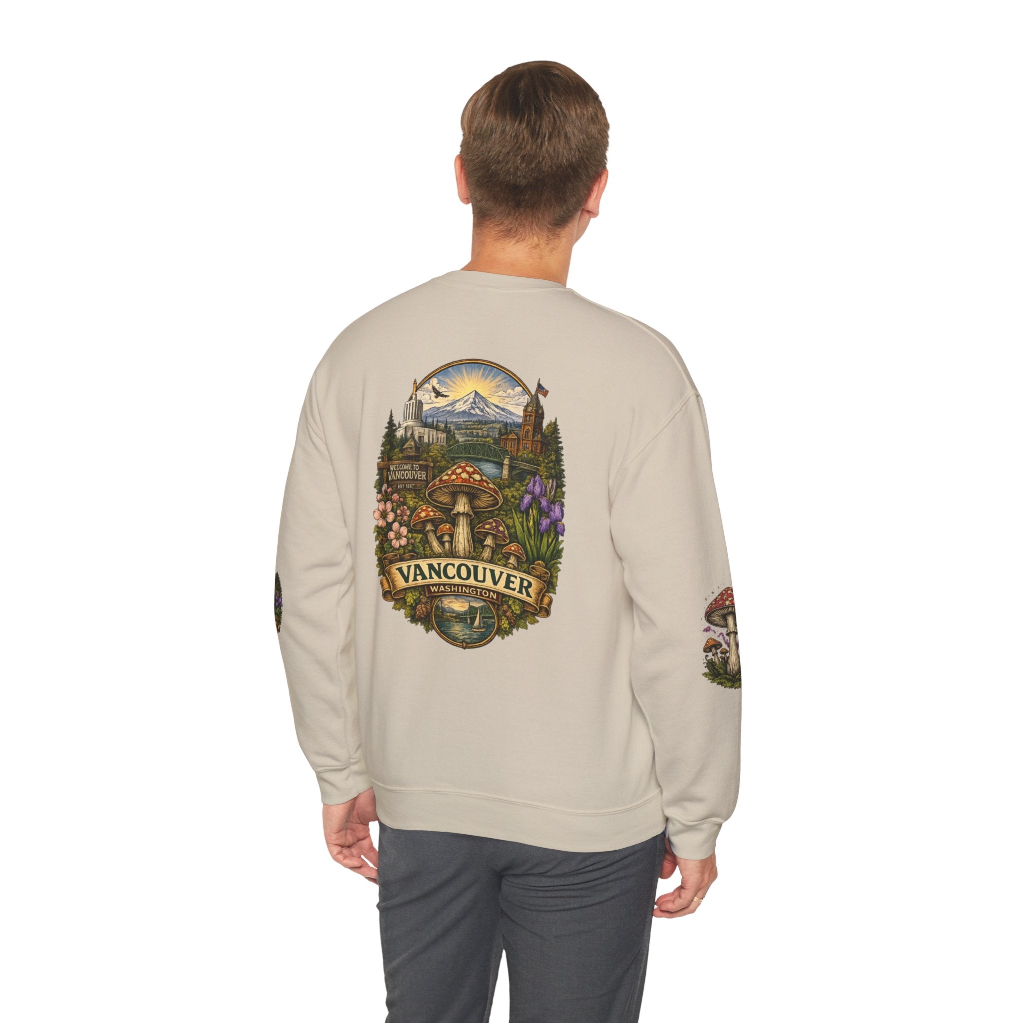 City:  Vancouver Crewneck Sweatshirt — Scenic Pacific Northwest Fungi Design