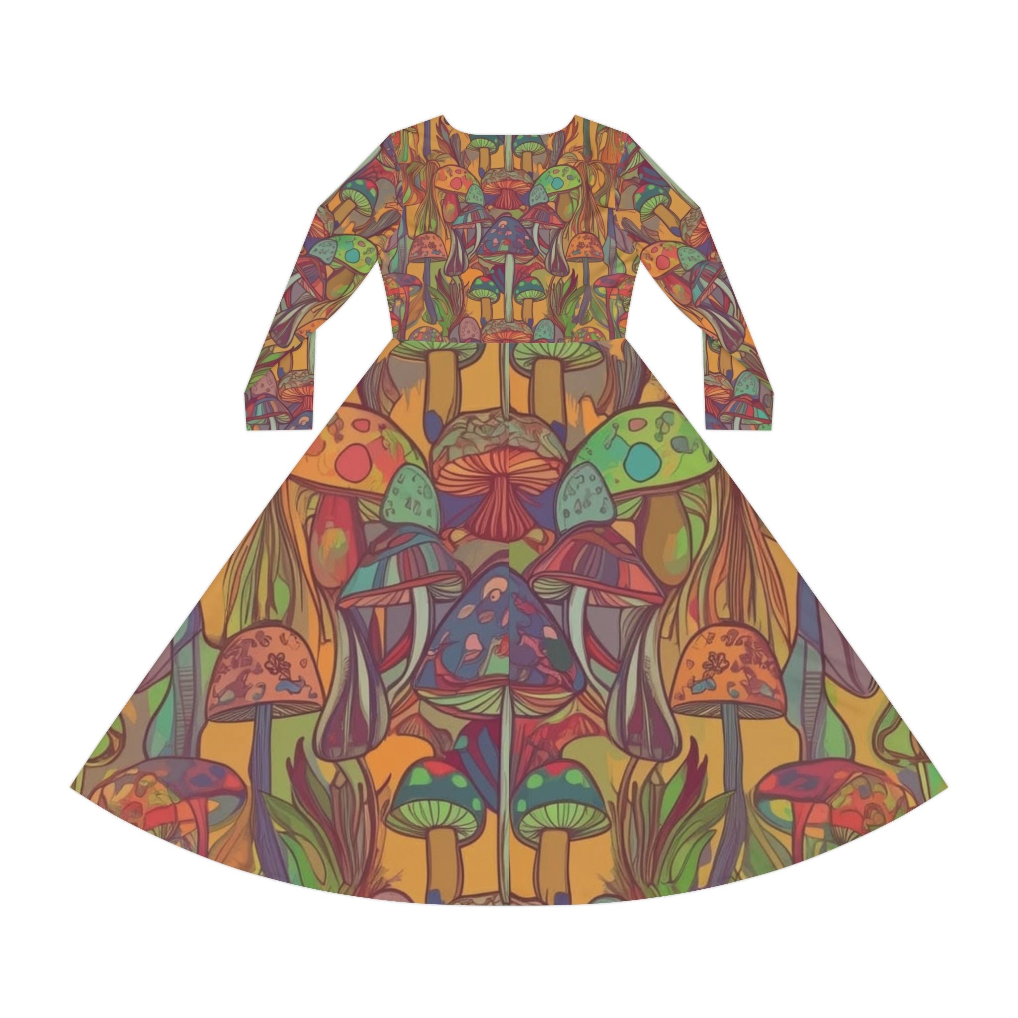 Mushroom Forest Long Sleeve Dance Dress — Psychedelic Boho Floral AOP