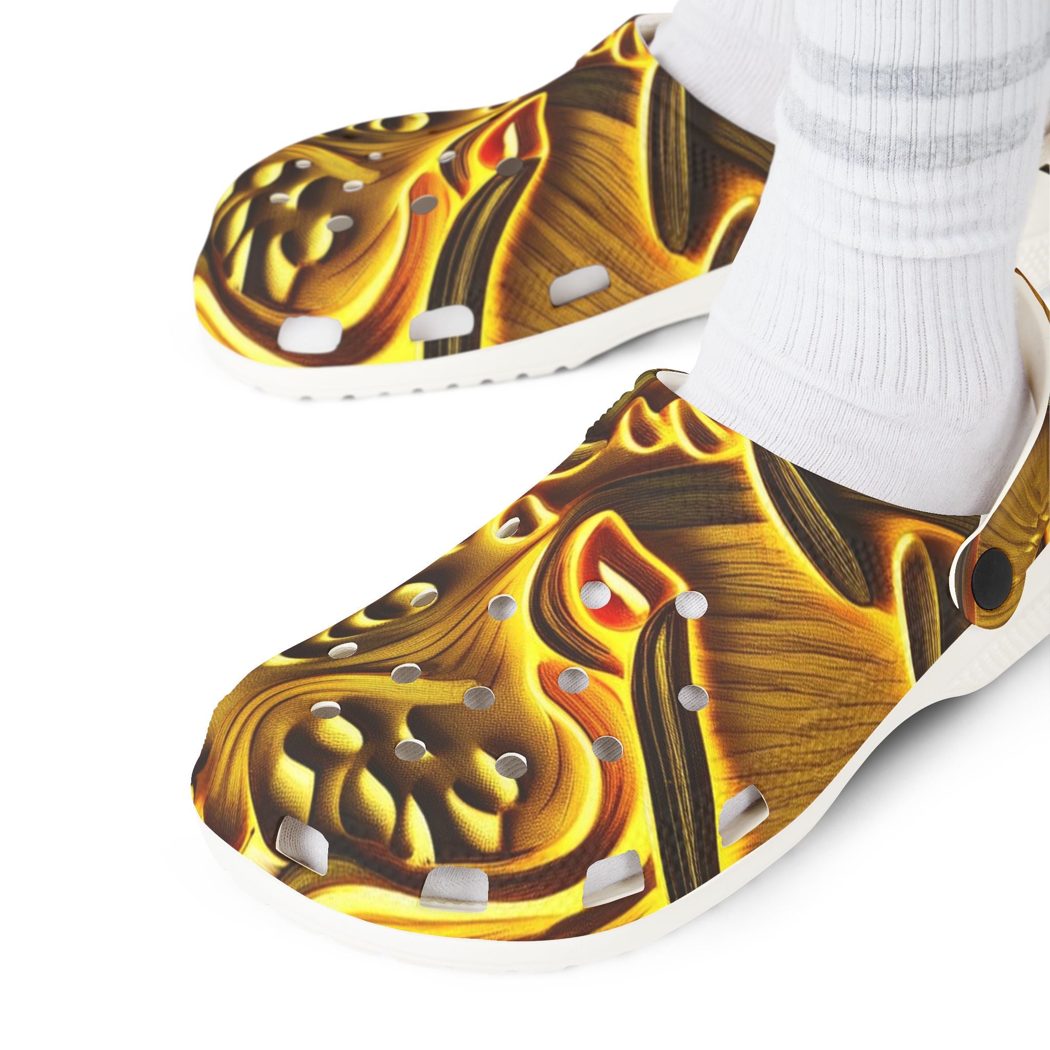 Golden Swirl EVA Foam Clogs — Abstract Metallic Pattern Slip-Ons