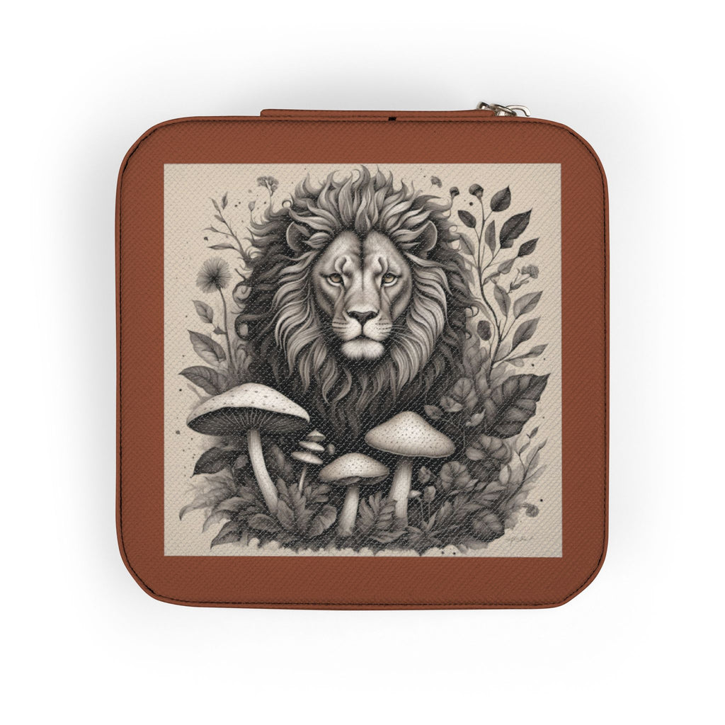 Lion & Mushrooms Jewelry Travel Case — Compact Organizer for Rings, Earrings & Necklaces