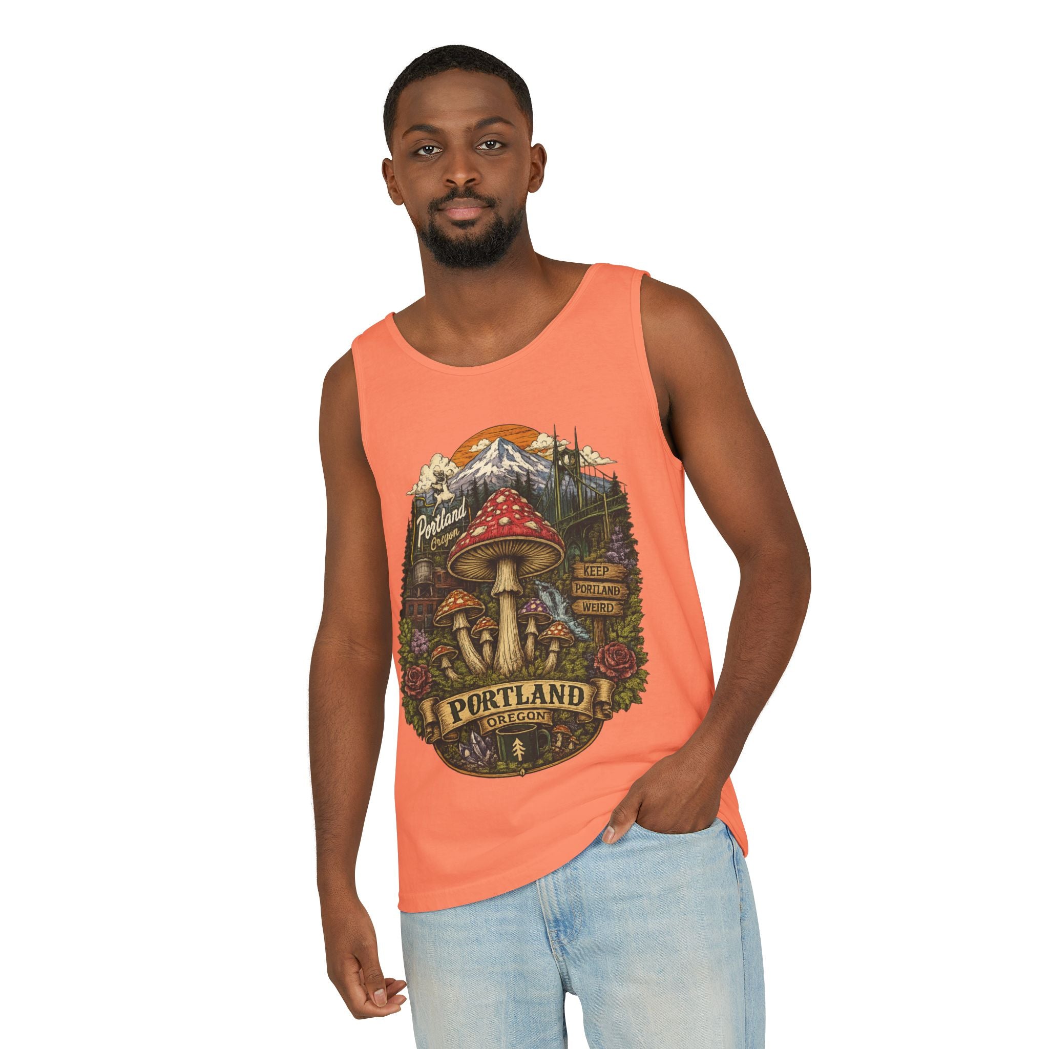City: Portland Mushroom Tank Top — Vintage Forest Travel Graphic