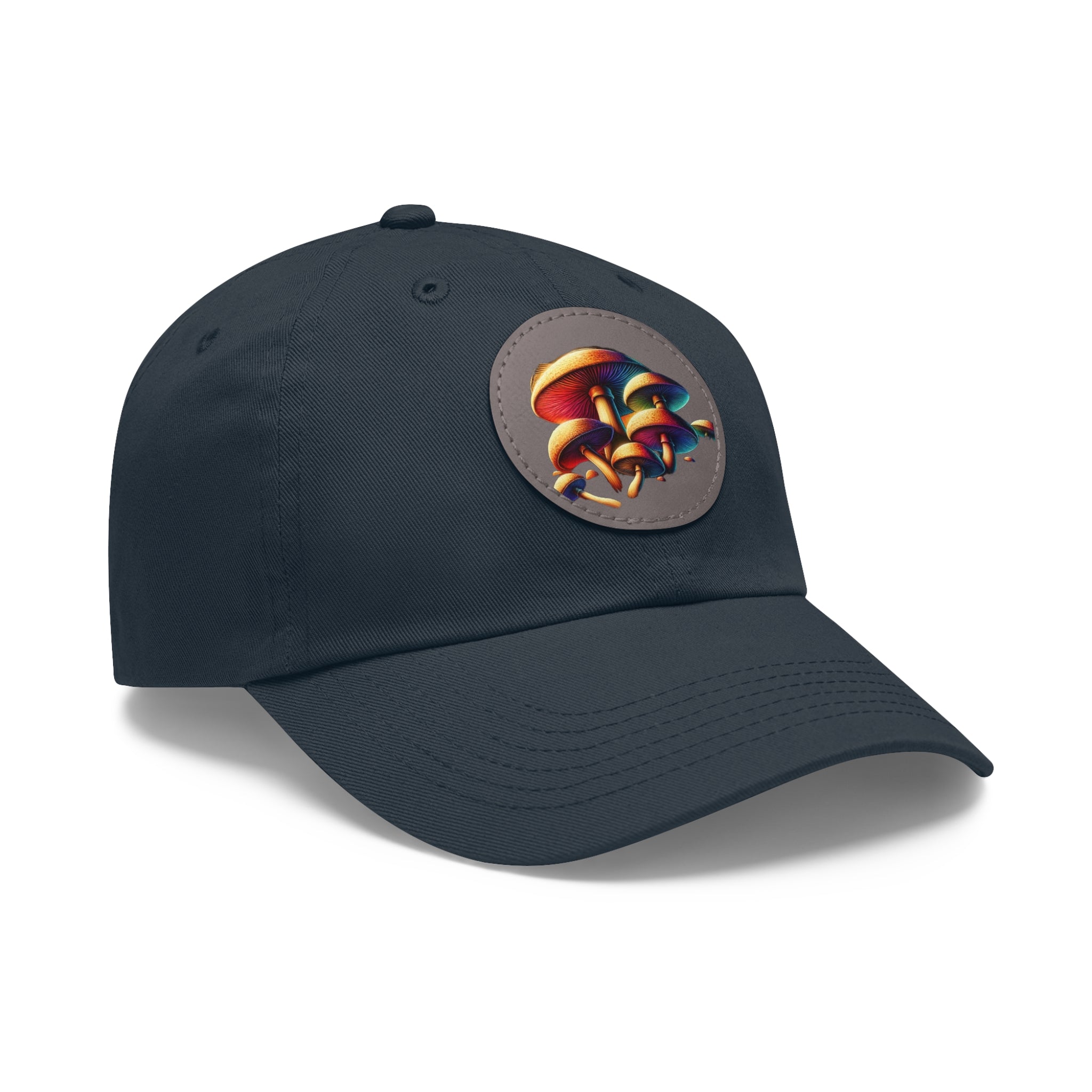 Mushroom Patch Dad Hat — Colorful Psychedelic Fungi Leather Patch Cap