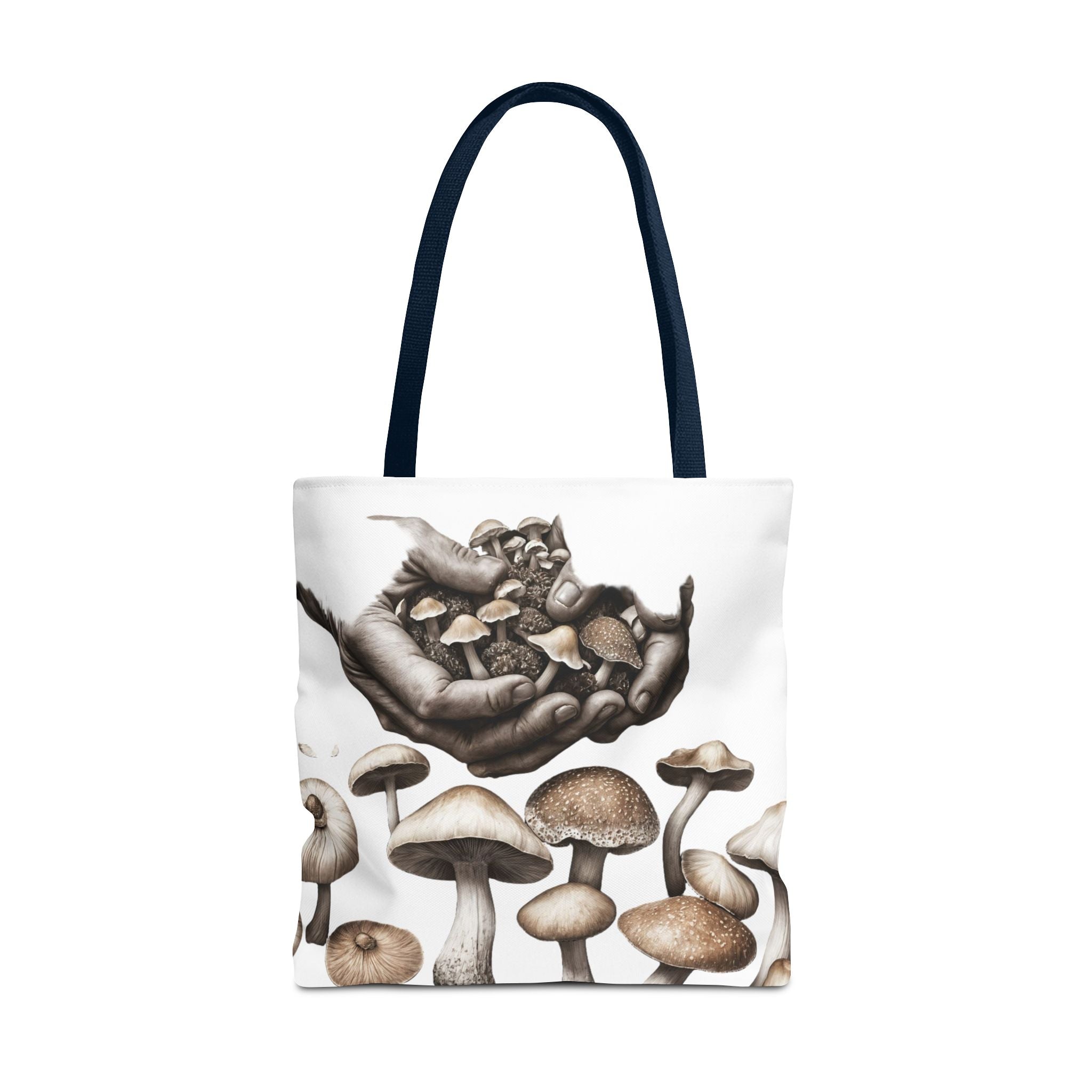 Mushroom Garden Tote Bag — Hand-Held Fungi Illustration All-Over Print