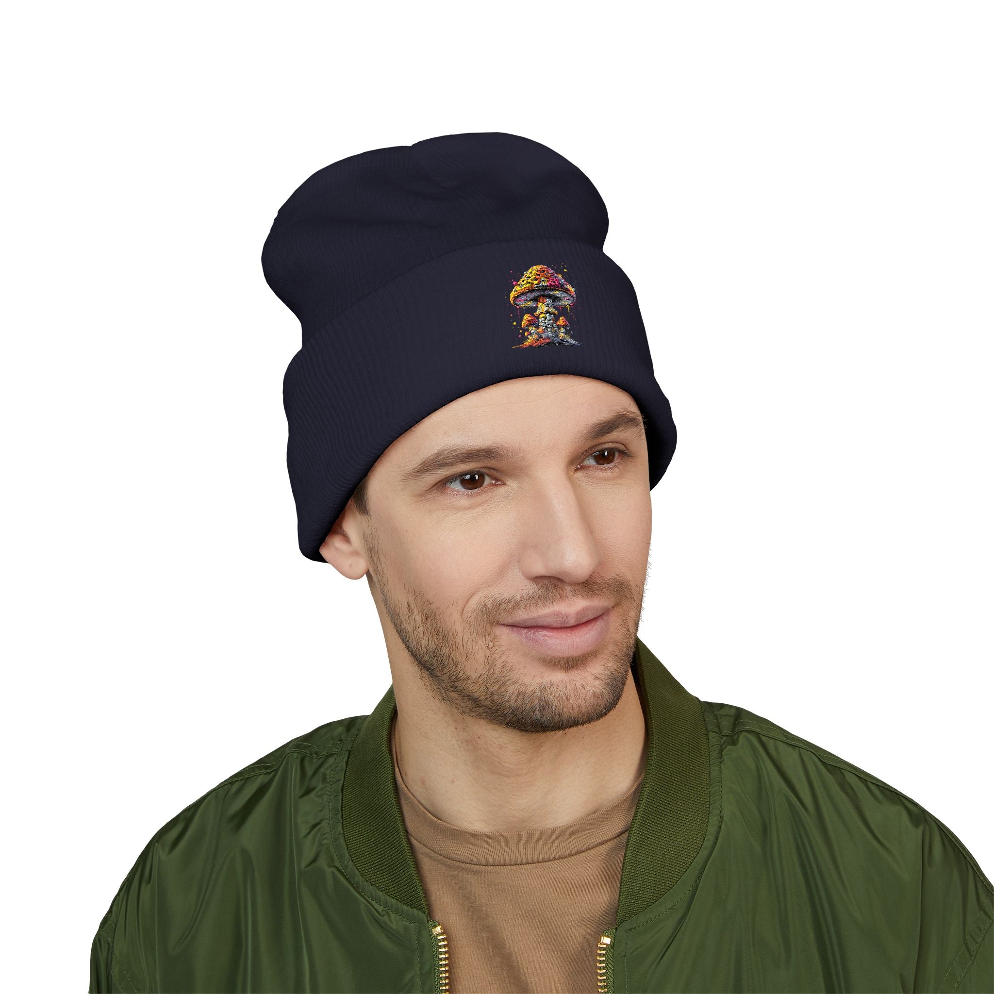 Beanie: Embroidered Colorful Mushroom Beanie — Cute Cuffed Knit Hat