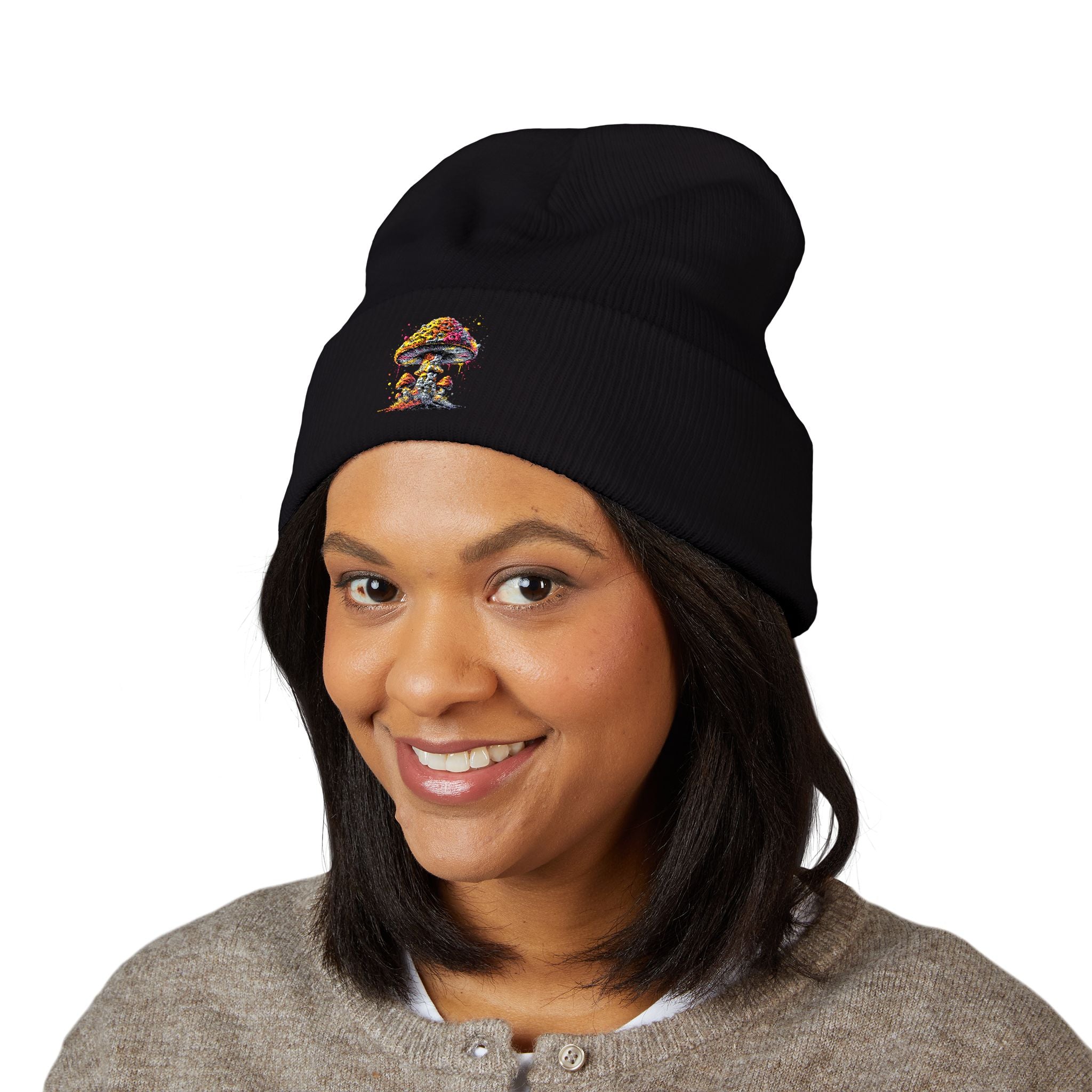 Beanie: Embroidered Colorful Mushroom Beanie — Cute Cuffed Knit Hat