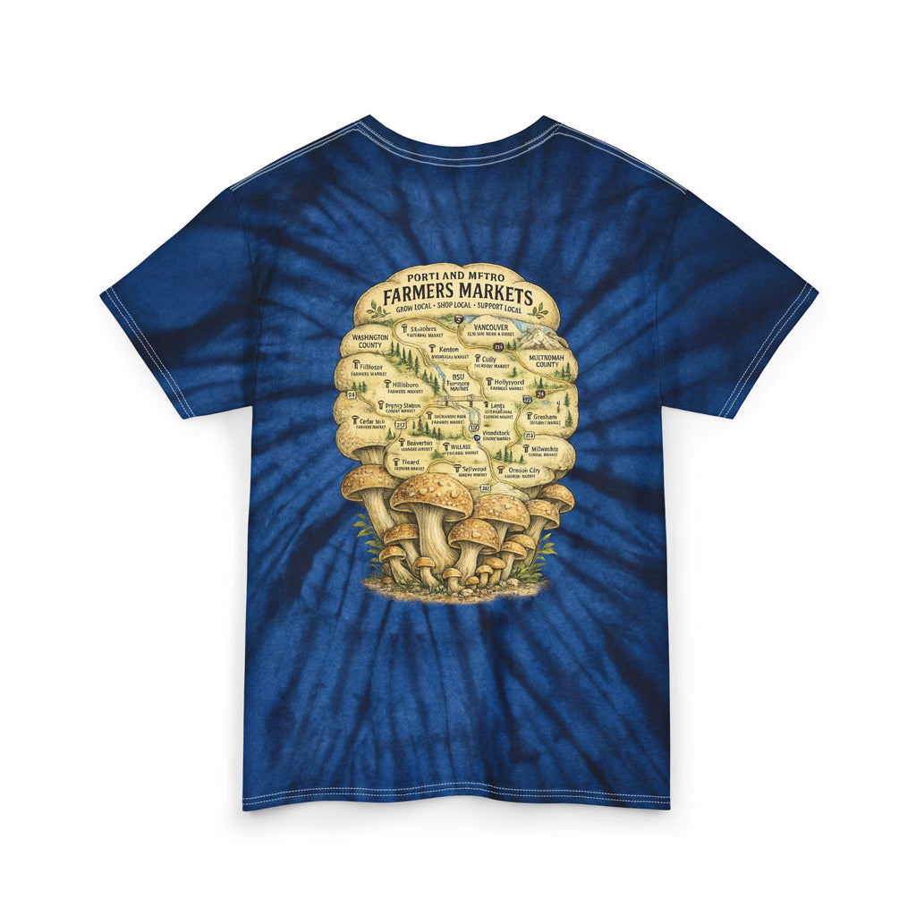 T-Shirt: Tie Dye Tee — Scenic Skull Illustration | Farmers Market Mushroom Map