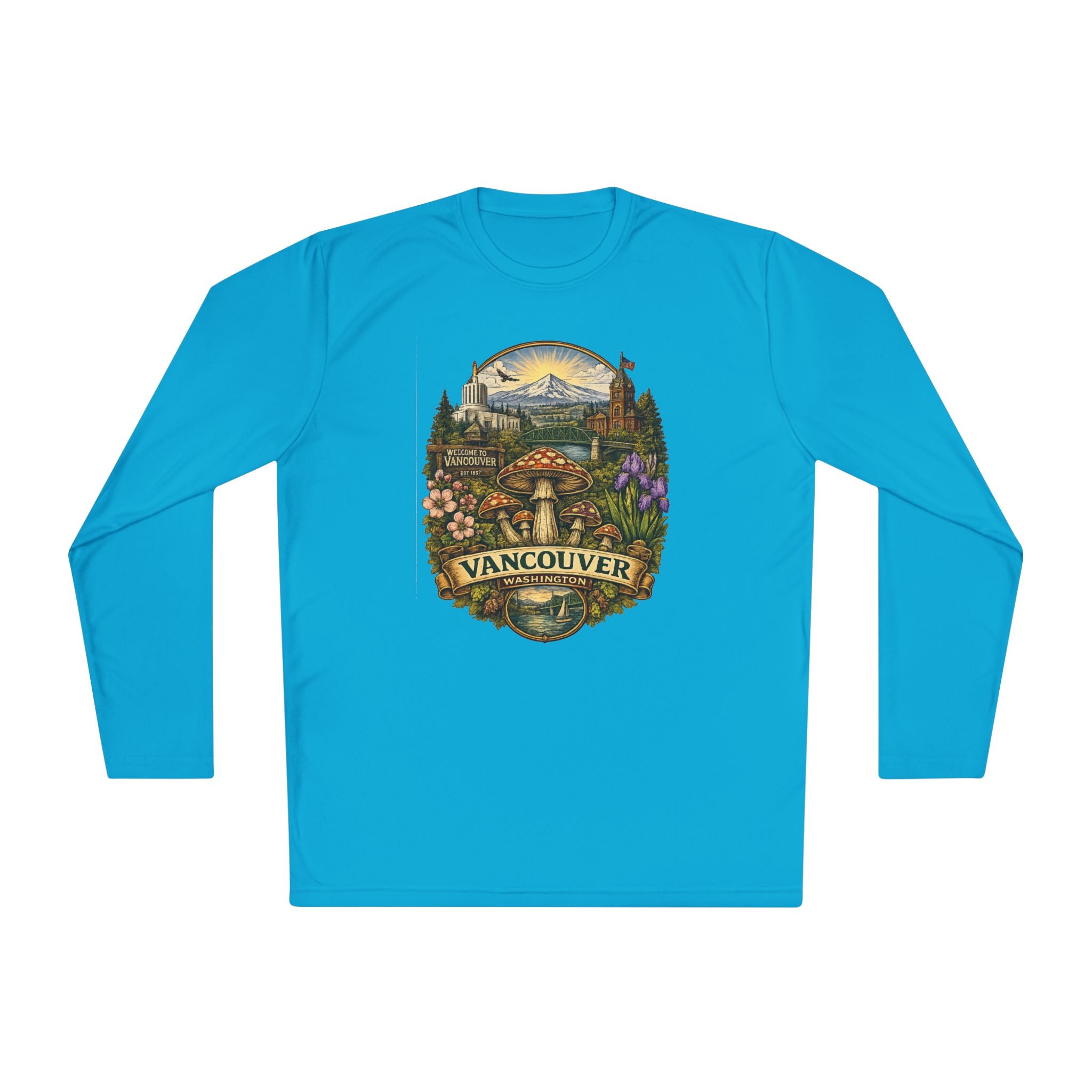 Vancouver Nature Long Sleeve Tee — Scenic Mountains & Mushroom Art