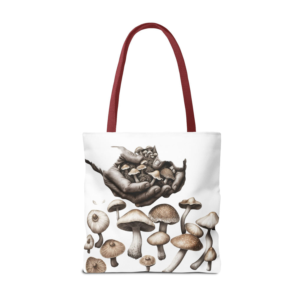 Mushroom Garden Tote Bag — Hand-Held Fungi Illustration All-Over Print