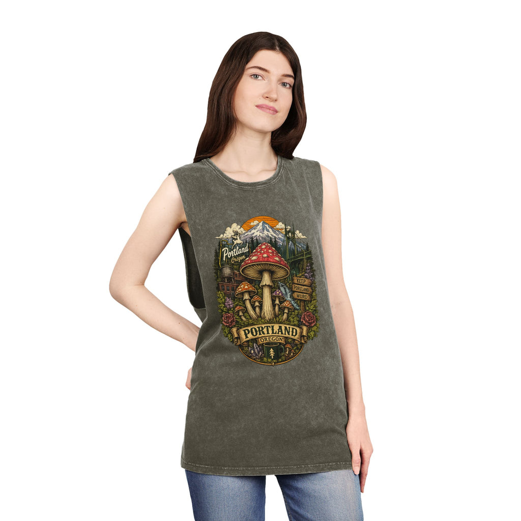 Portland Mushroom Graphic Tank — Stonewash Vintage Nature Tank Top