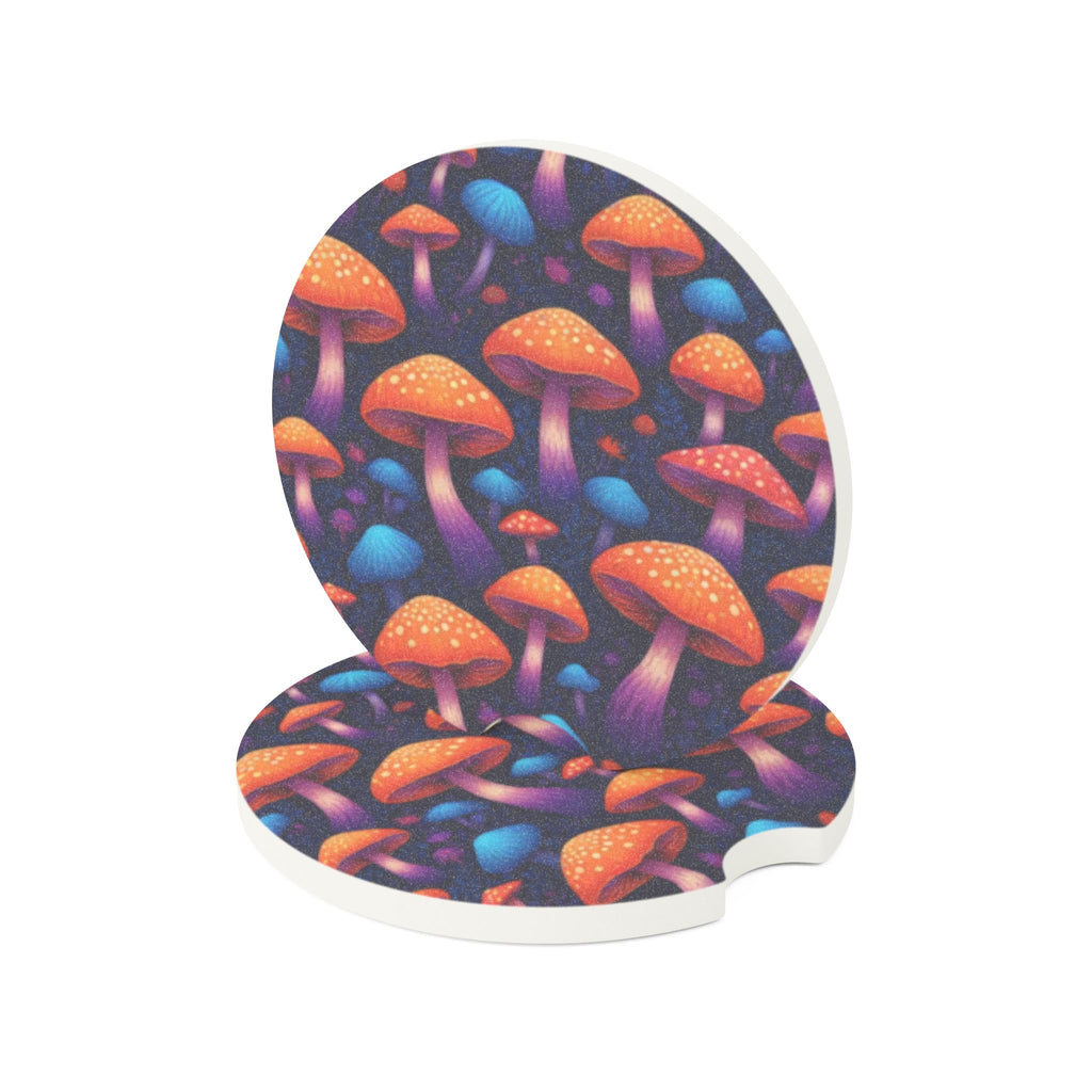 Mushroom Forest Soapstone Car Coaster — Colorful Psychedelic Fungi Drink Holder
