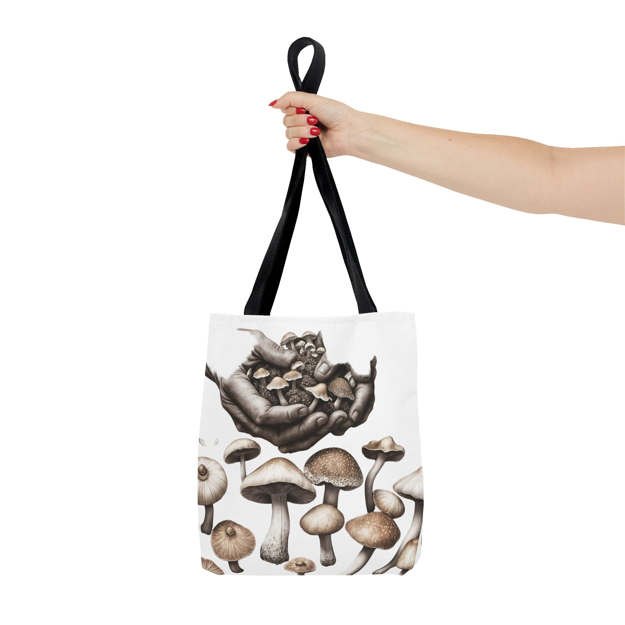 Mushroom Garden Tote Bag — Hand-Held Fungi Illustration All-Over Print