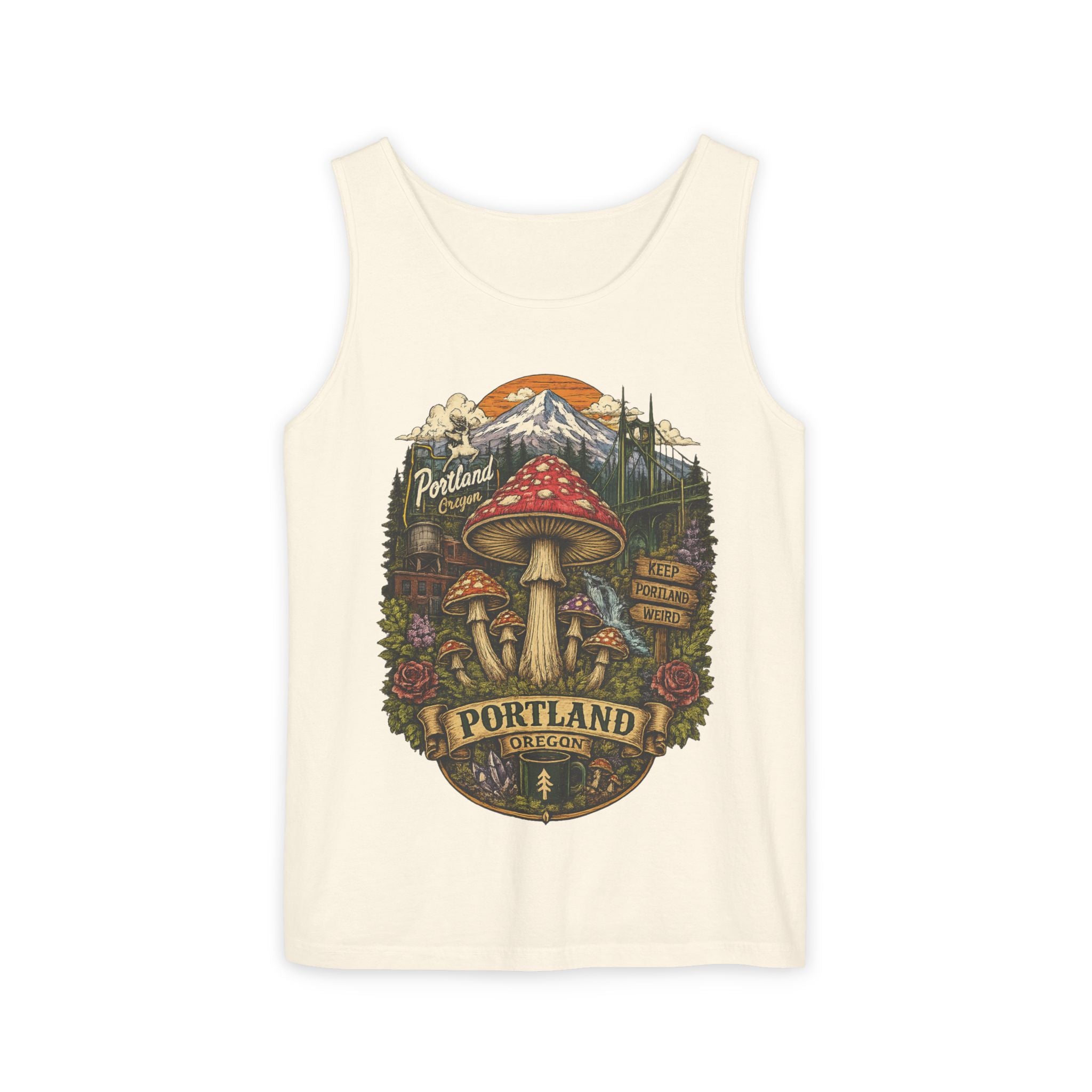 City: Portland Mushroom Tank Top — Vintage Forest Travel Graphic