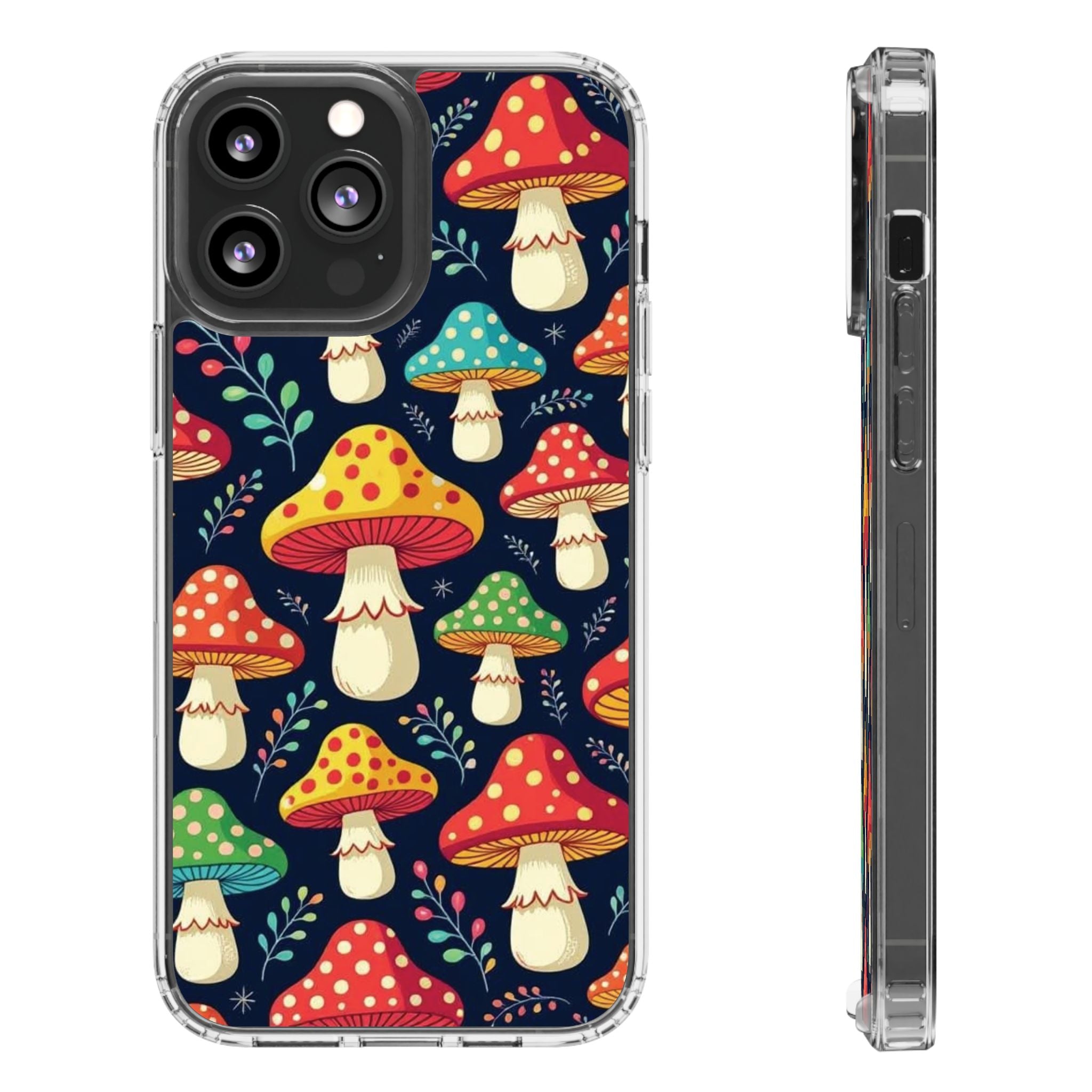 Phone Case: Mushroom Pattern Clear Phone Case — Colorful Toadstool Floral Design
