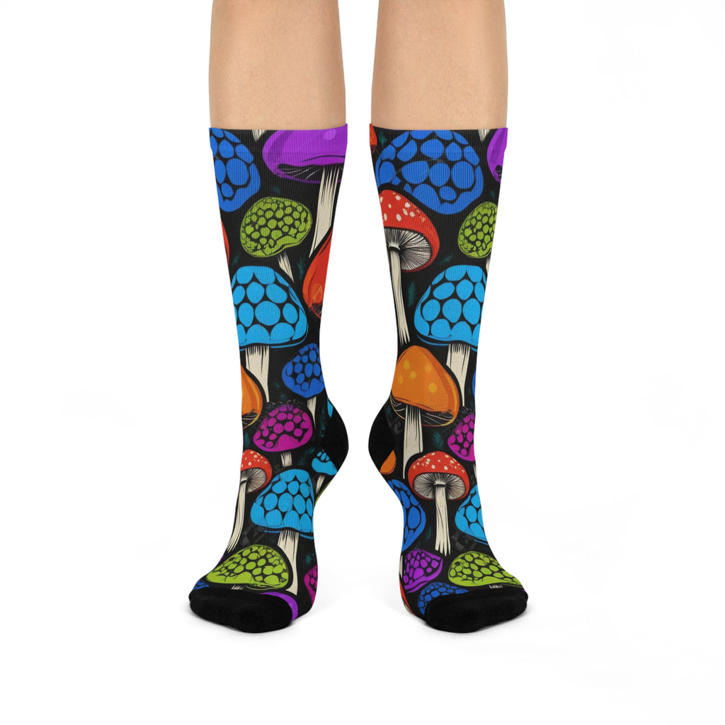 Socks: Mushroom Crew Socks — Colorful Psychedelic Fungi Cushion Socks