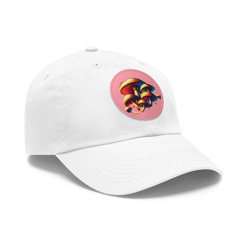 Mushroom Patch Dad Hat — Colorful Psychedelic Fungi Leather Patch Cap