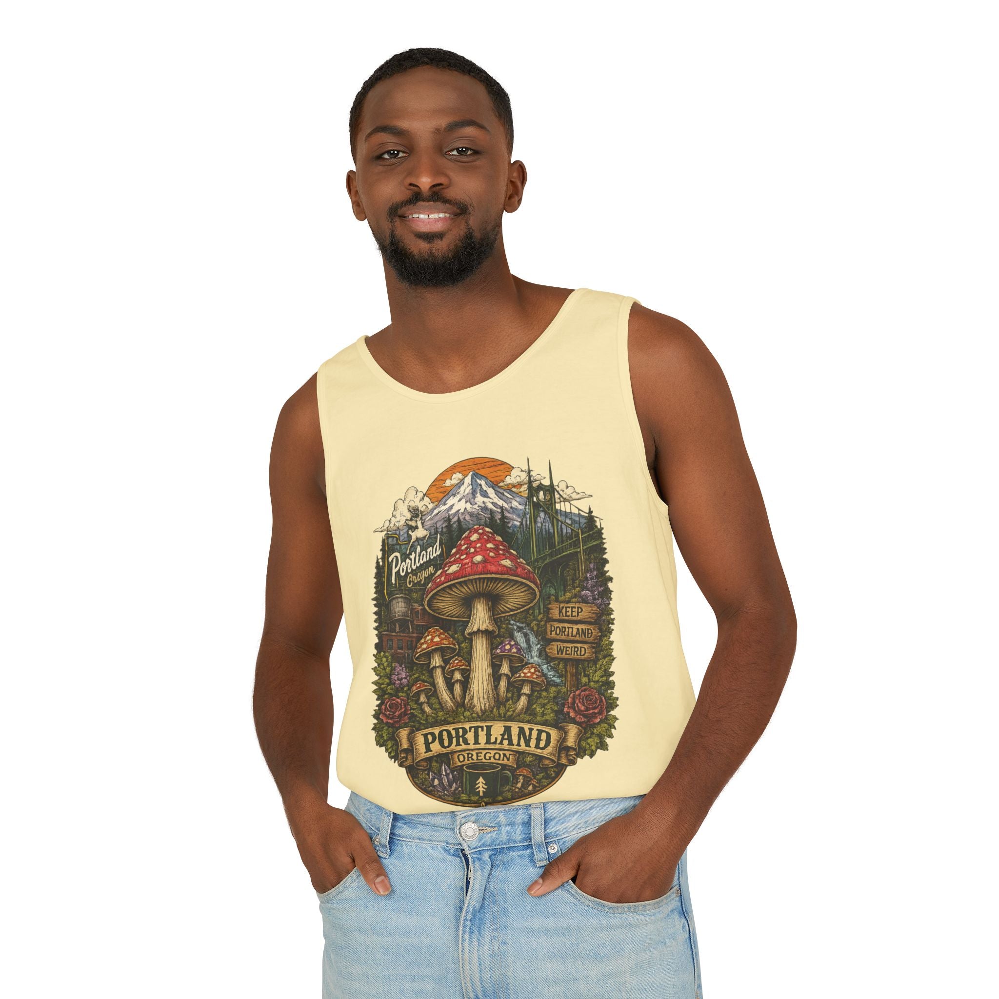 City: Portland Mushroom Tank Top — Vintage Forest Travel Graphic