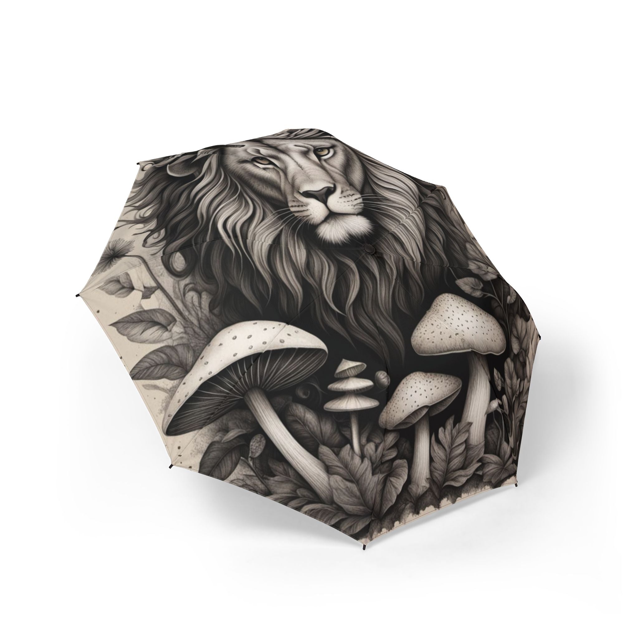Lion & Mushrooms Foldable Umbrella — Semi-Automatic Travel Umbrella