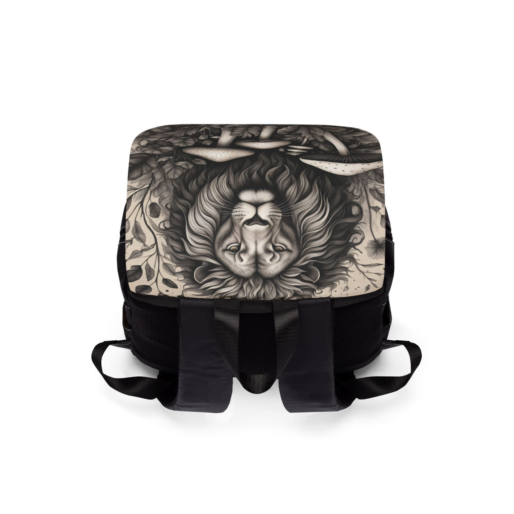 Lion & Mushrooms Canvas Backpack — Forest Gothic Casual Shoulder Bag