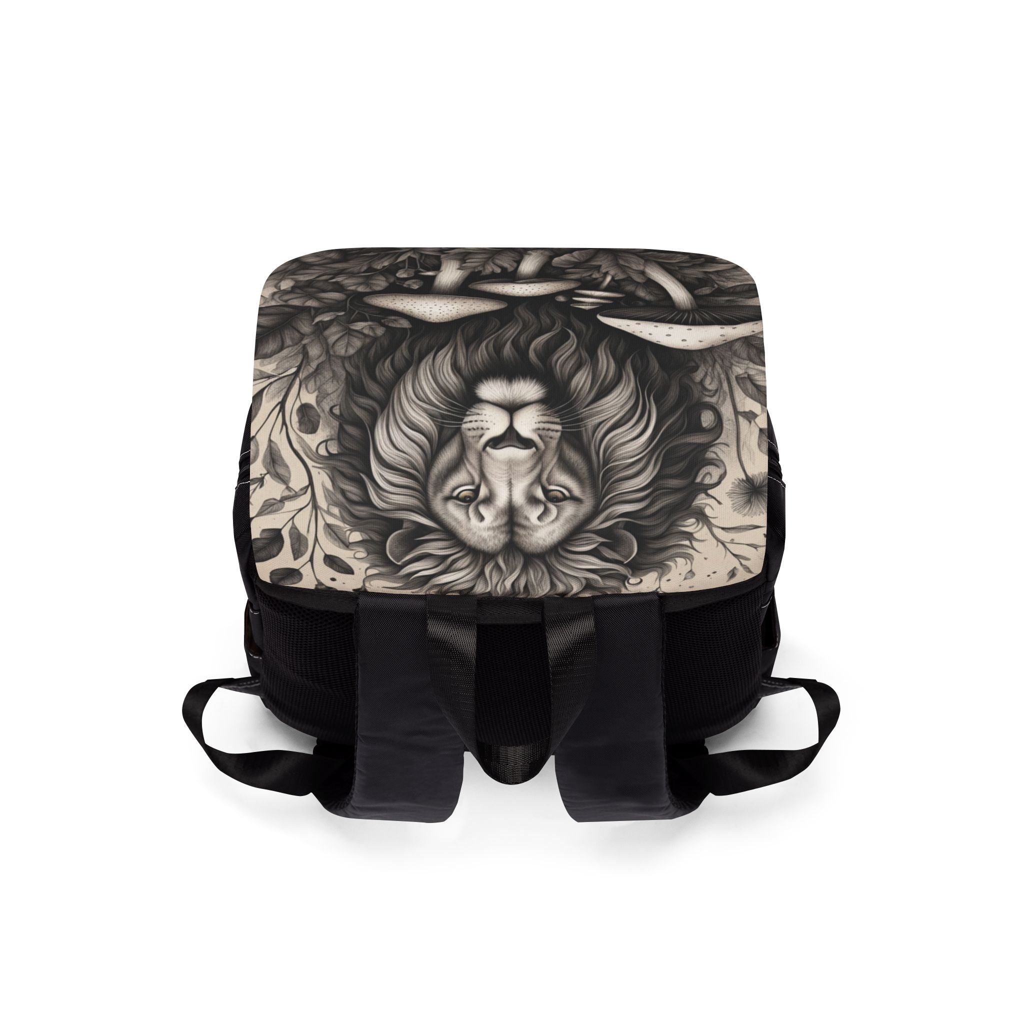 Lion & Mushrooms Canvas Backpack — Forest Gothic Casual Shoulder Bag