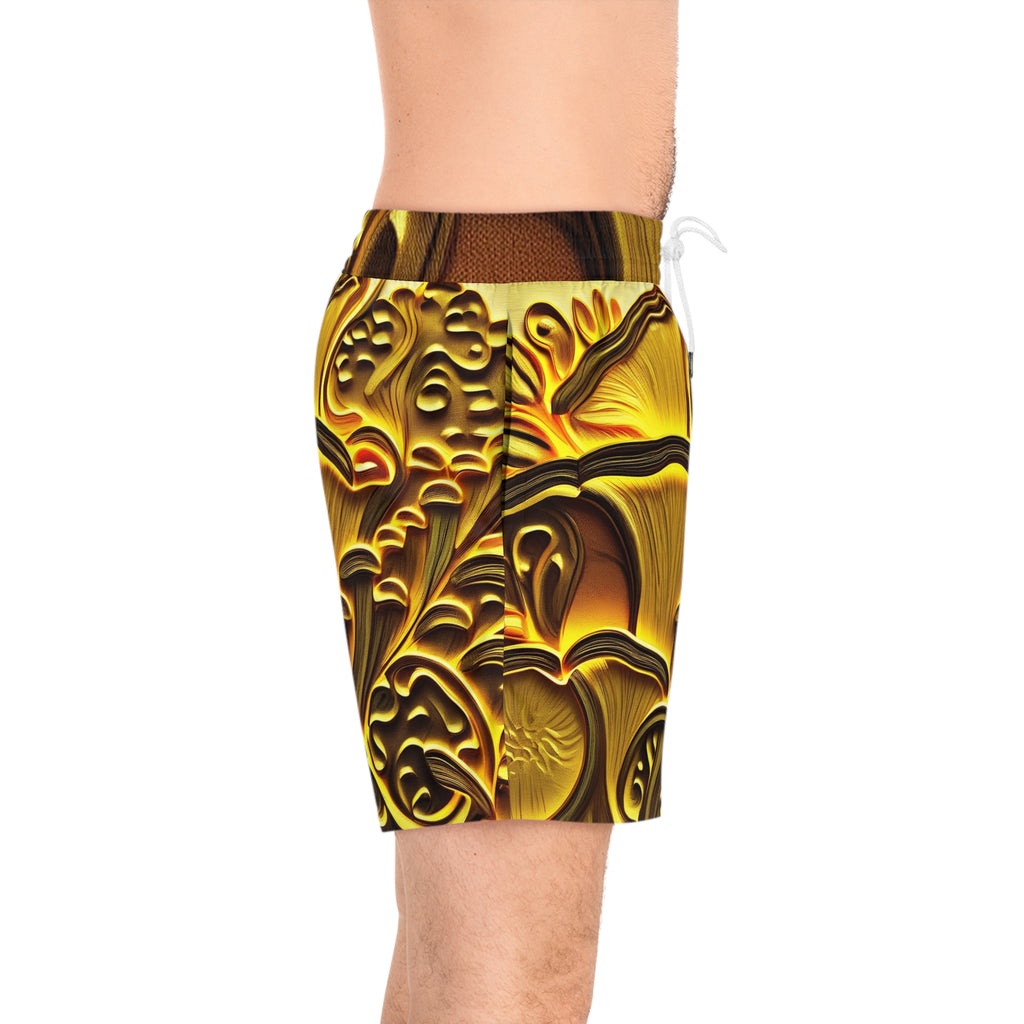 Golden Mushroom Print Swim Shorts — Men’s Mid-Length Tropical Boardshorts
