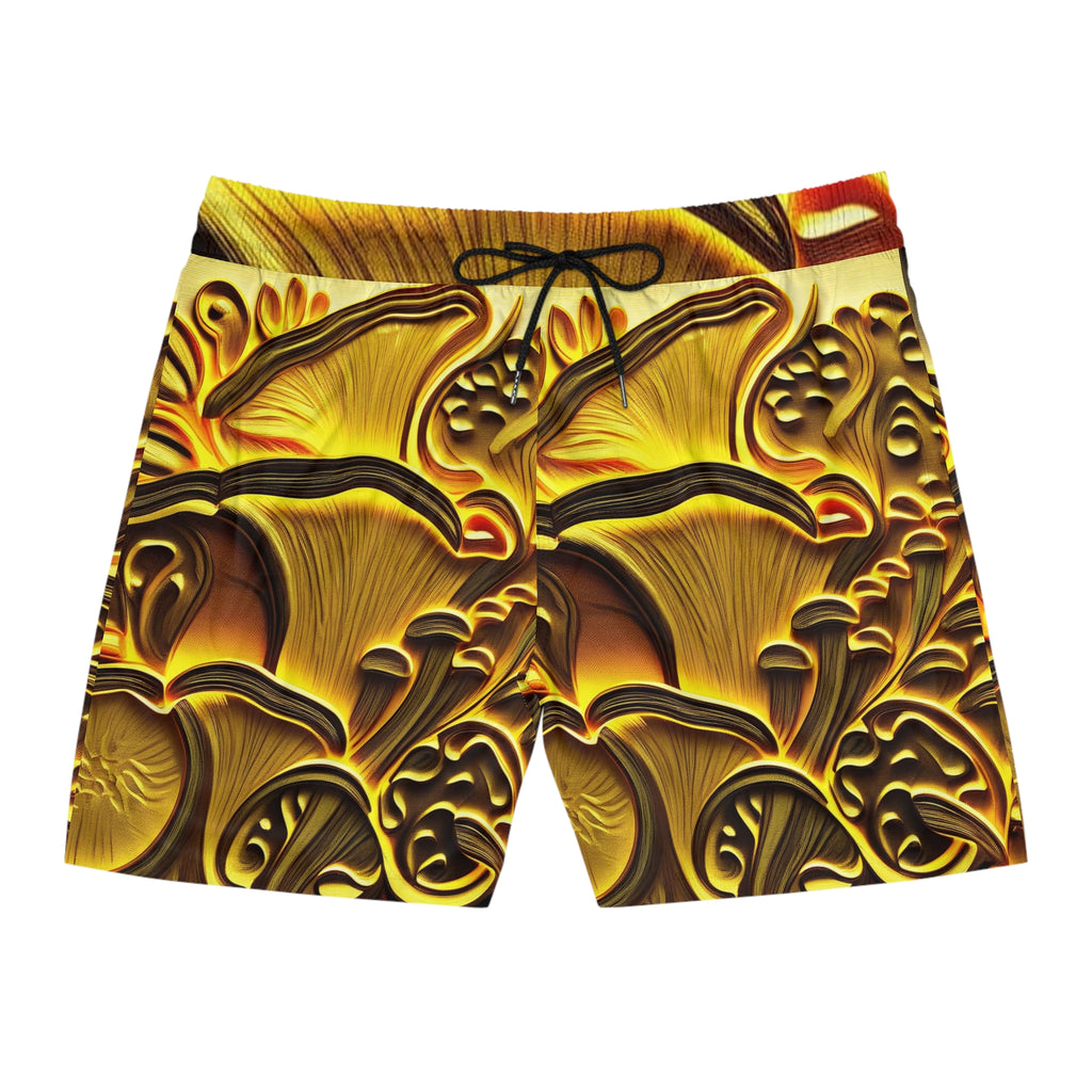 Gold Mushroom Pattern Swim Shorts — Men's Mid-Length Beach Trunks