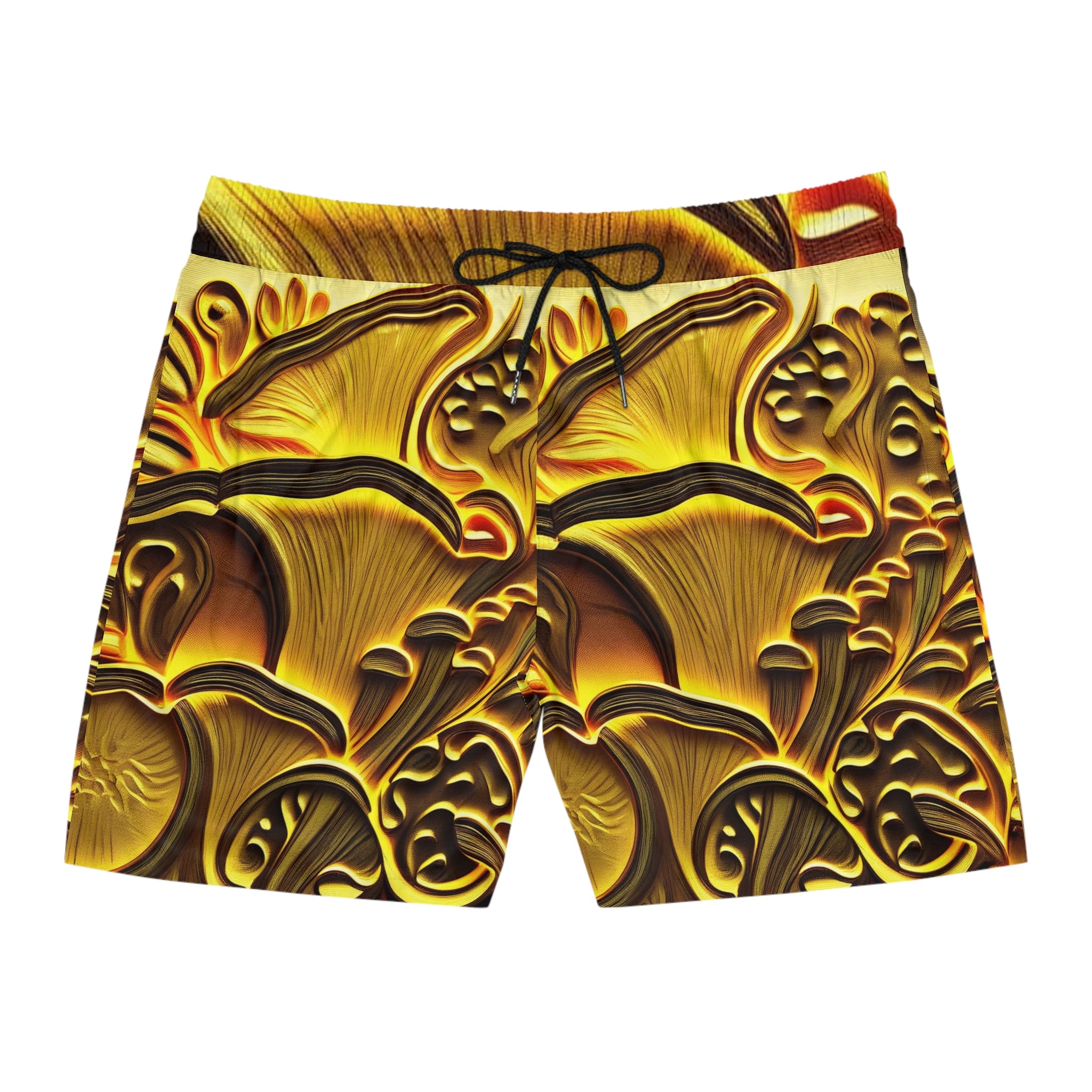 Gold Mushroom Pattern Swim Shorts — Men's Mid-Length Beach Trunks
