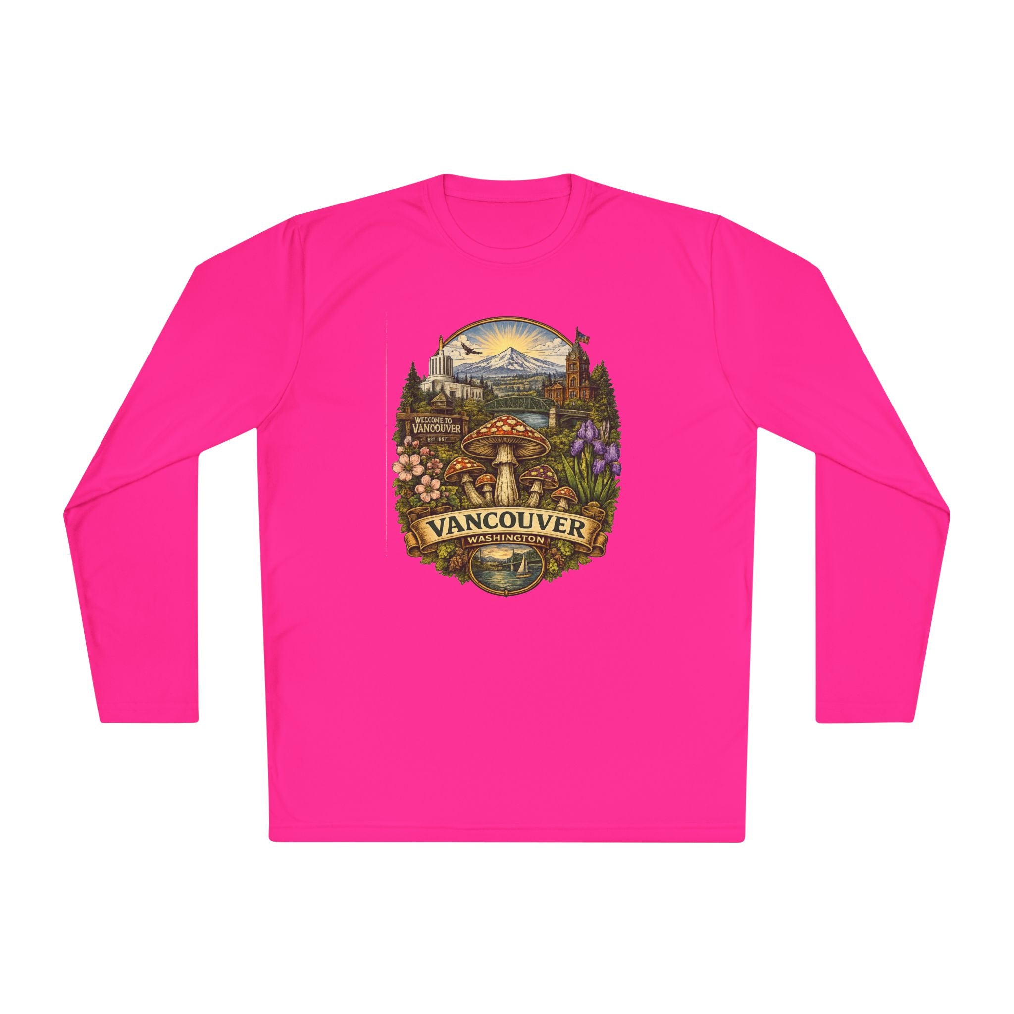 Vancouver Nature Long Sleeve Tee — Scenic Mountains & Mushroom Art