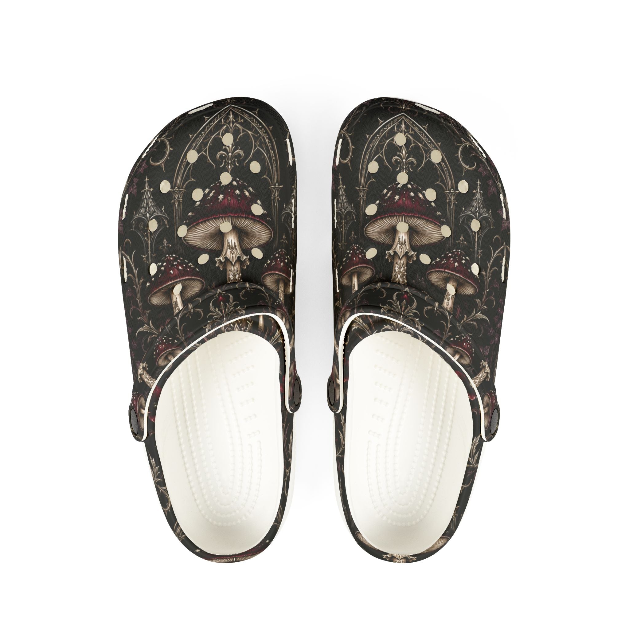 Clogs: Mushroom Garden EVA Foam Clogs — Lightweight Comfort Shoes with Dark Fungi Print