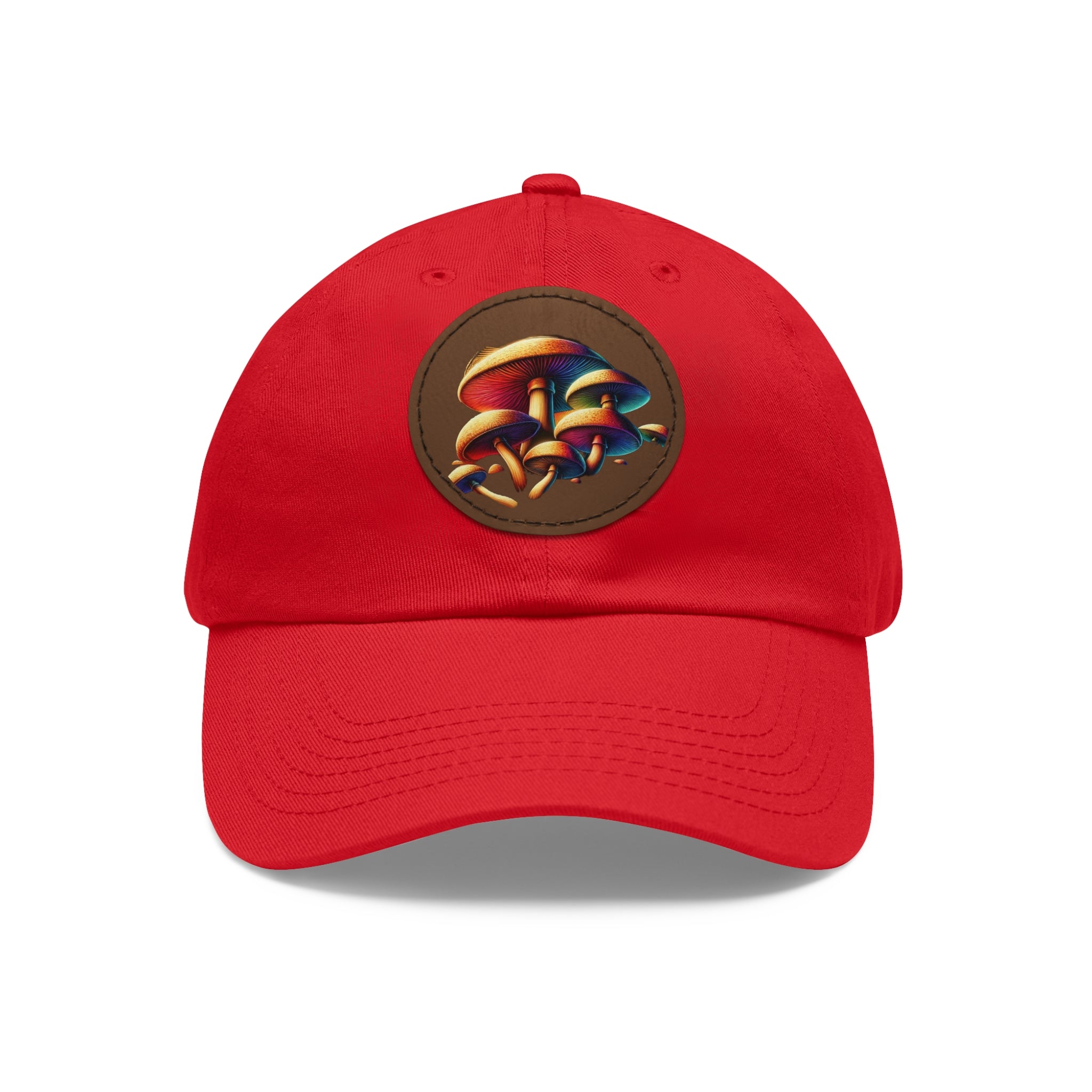 Mushroom Patch Dad Hat — Colorful Psychedelic Fungi Leather Patch Cap