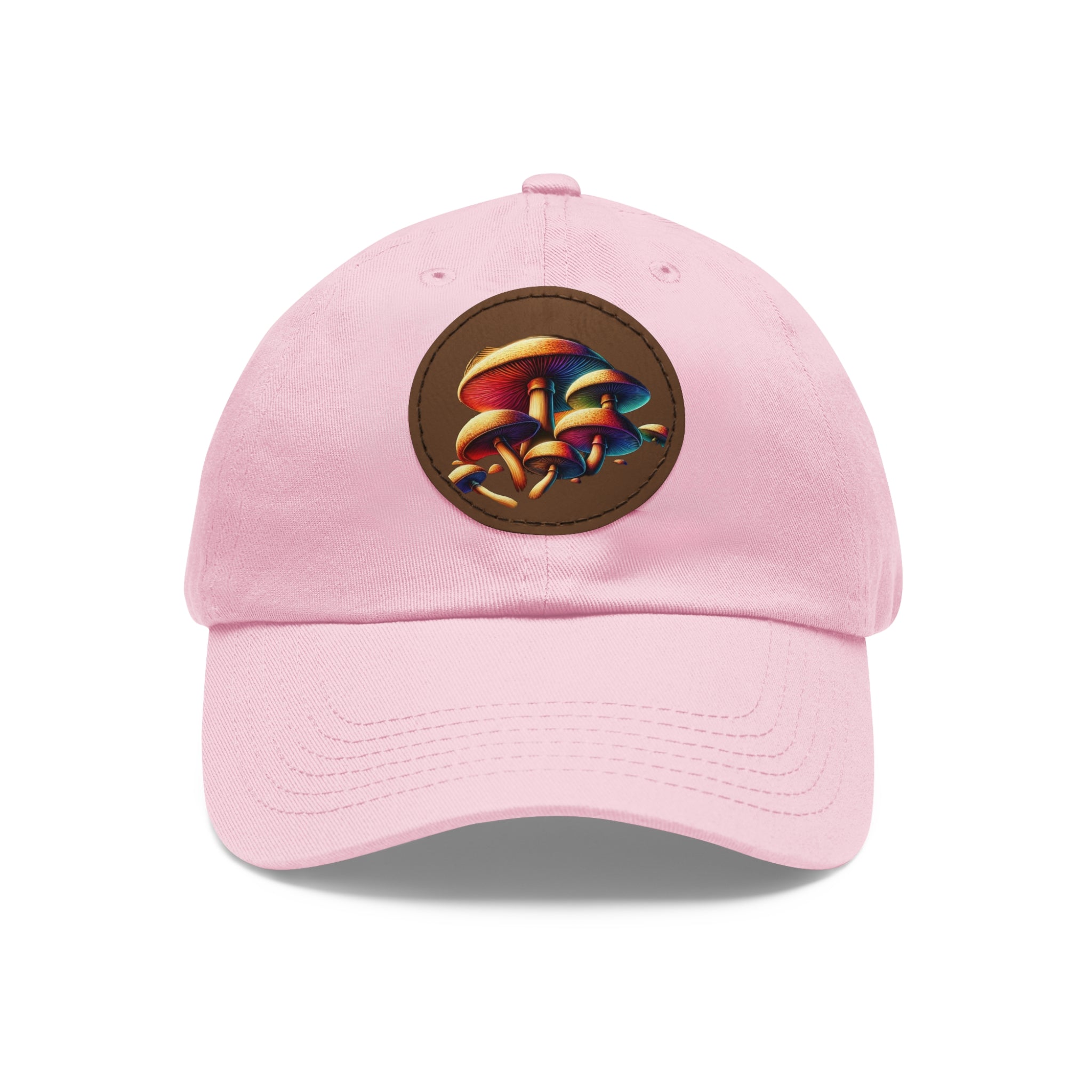 Mushroom Patch Dad Hat — Colorful Psychedelic Fungi Leather Patch Cap