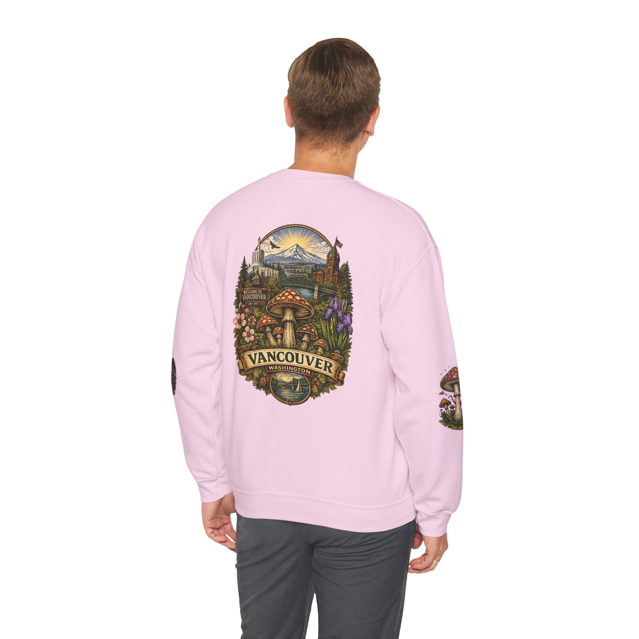 City:  Vancouver Crewneck Sweatshirt — Scenic Pacific Northwest Fungi Design