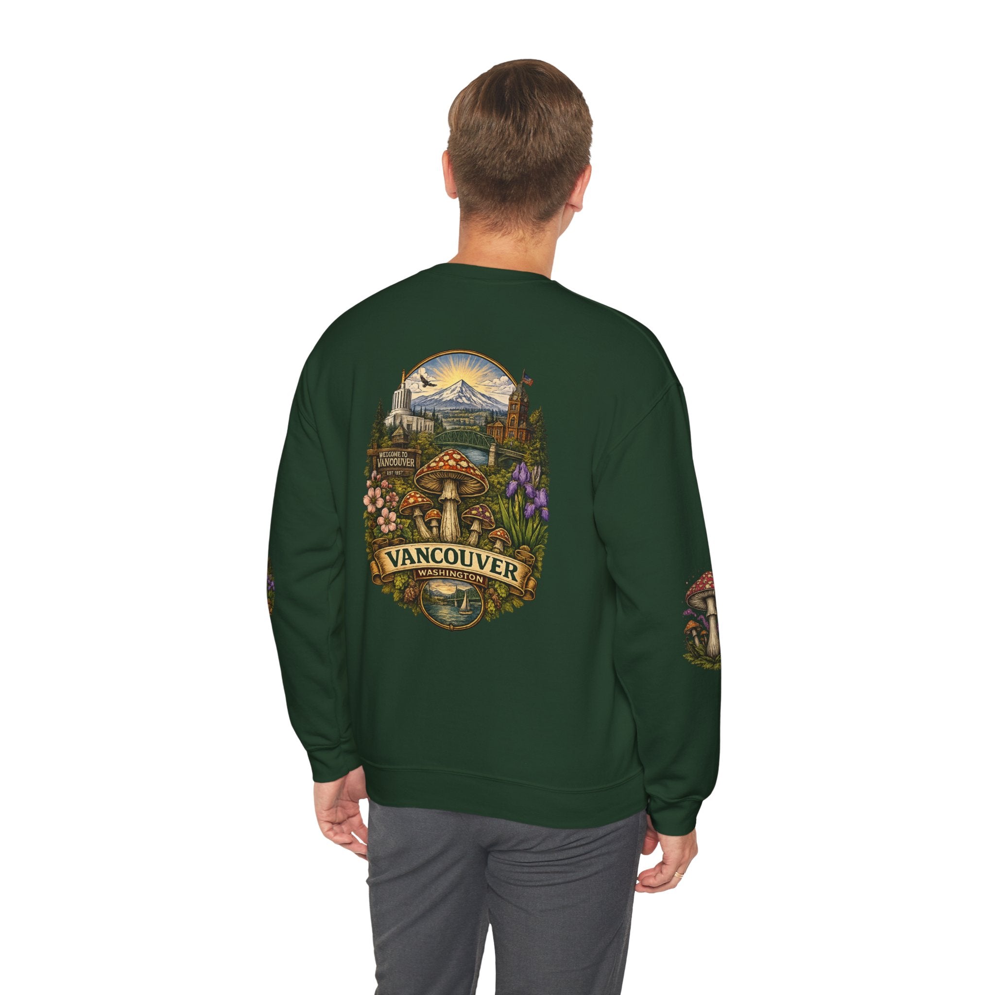 City:  Vancouver Crewneck Sweatshirt — Scenic Pacific Northwest Fungi Design