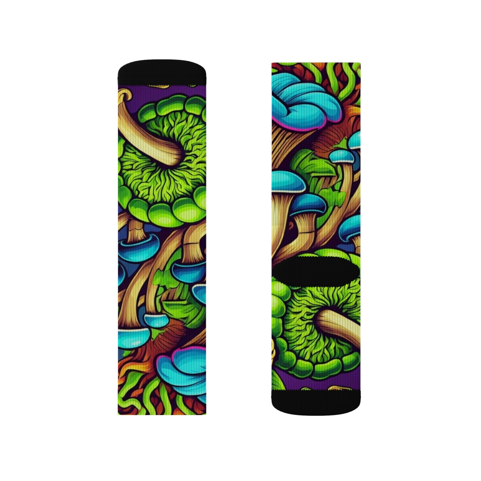 Socks: Psychedelic Mushroom Socks — Vibrant Green Fungi Sublimation Crew Socks
