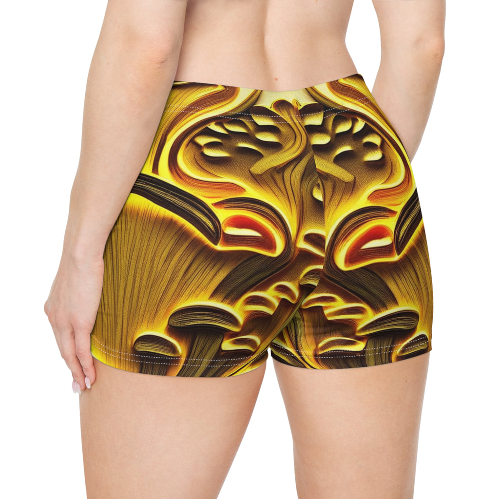 Golden Glow Mushroom Activewear Shorts – Fungi Flow Women's Workout Shorts