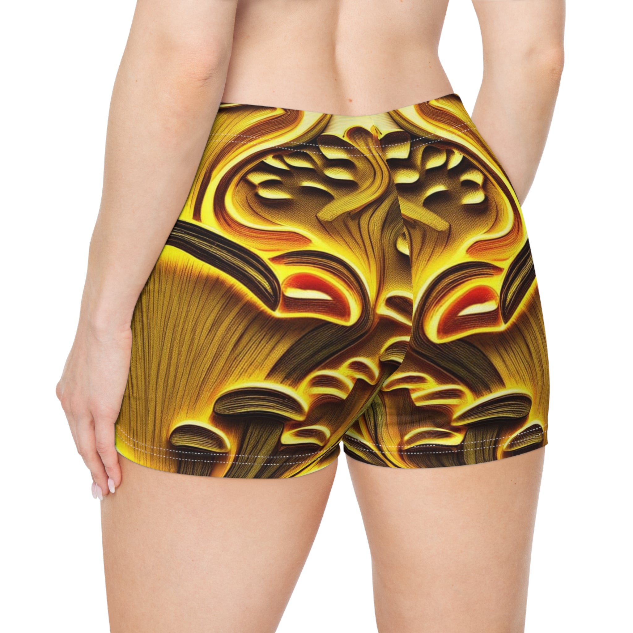 Golden Glow Mushroom Activewear Shorts – Fungi Flow Women's Workout Shorts