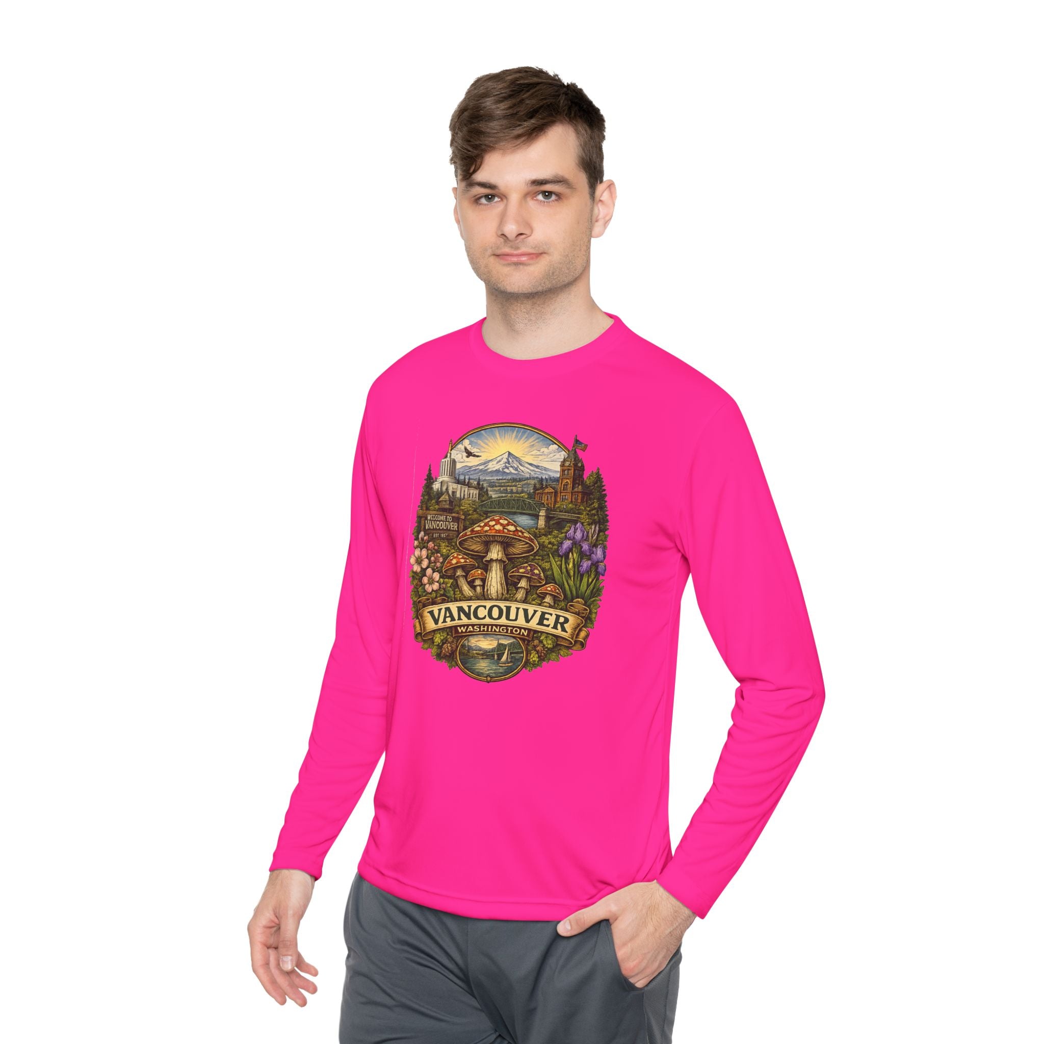 Vancouver Nature Long Sleeve Tee — Scenic Mountains & Mushroom Art