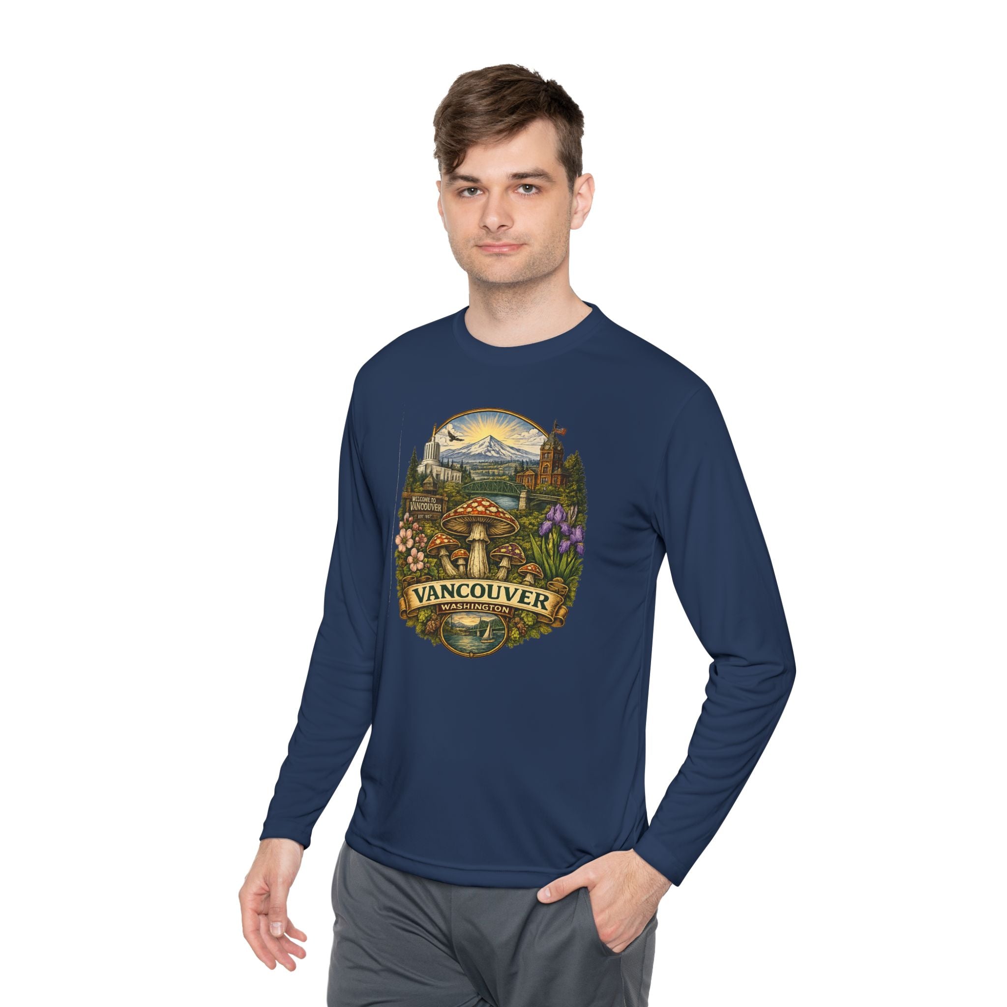 Vancouver Nature Long Sleeve Tee — Scenic Mountains & Mushroom Art