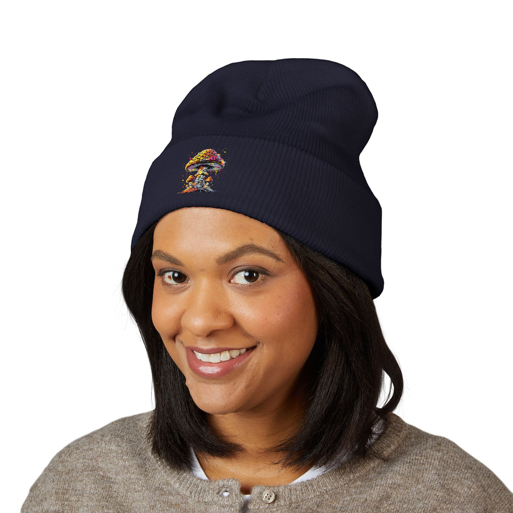 Beanie: Embroidered Colorful Mushroom Beanie — Cute Cuffed Knit Hat