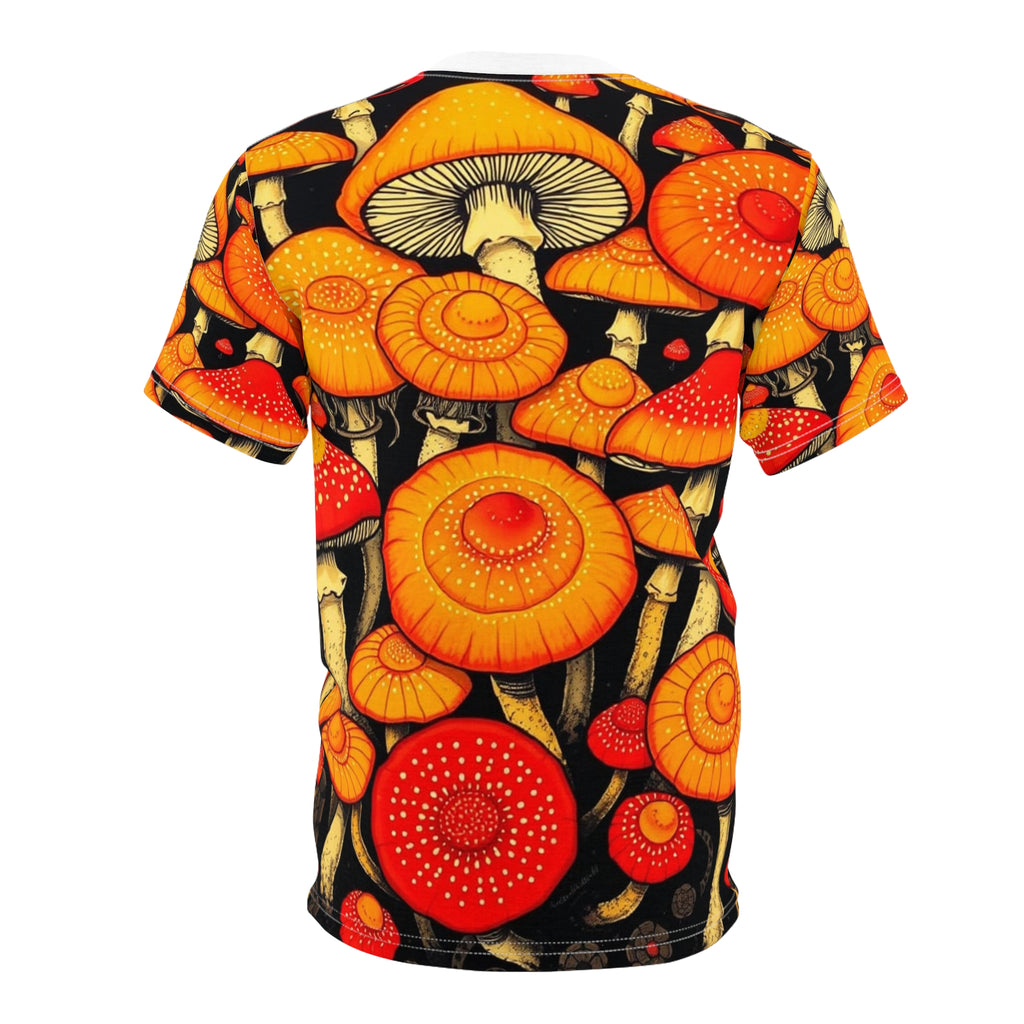 Camiseta con estampado completo de hongos psicodélicos anaranjados