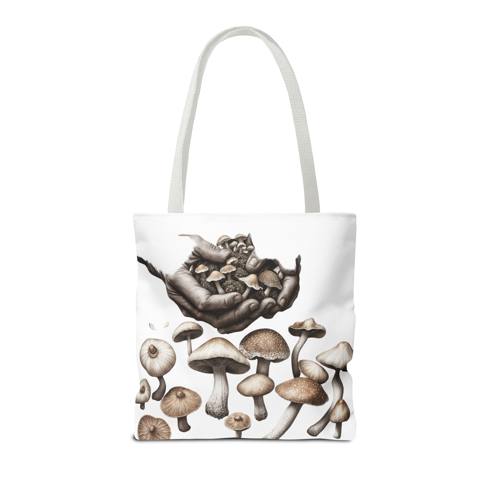 Mushroom Garden Tote Bag — Hand-Held Fungi Illustration All-Over Print