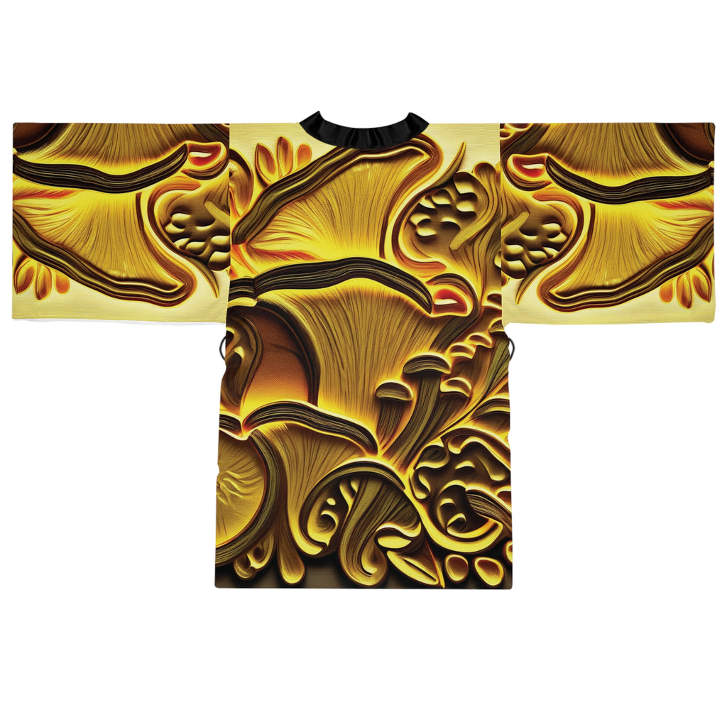 Kimono Robe: Gold Floral Kimono Robe — Decorative All-Over Print Long Sleeve