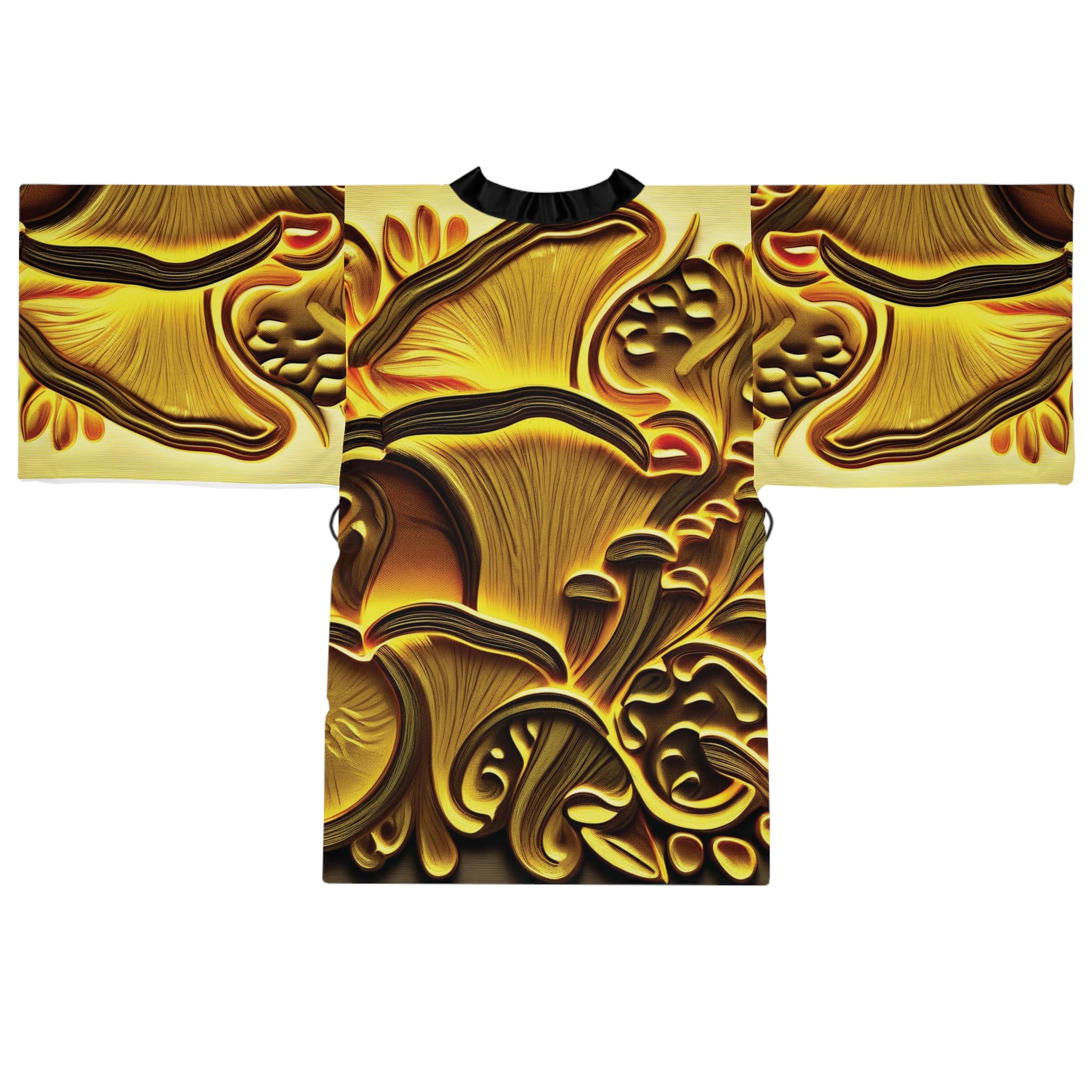 Kimono Robe: Gold Floral Kimono Robe — Decorative All-Over Print Long Sleeve